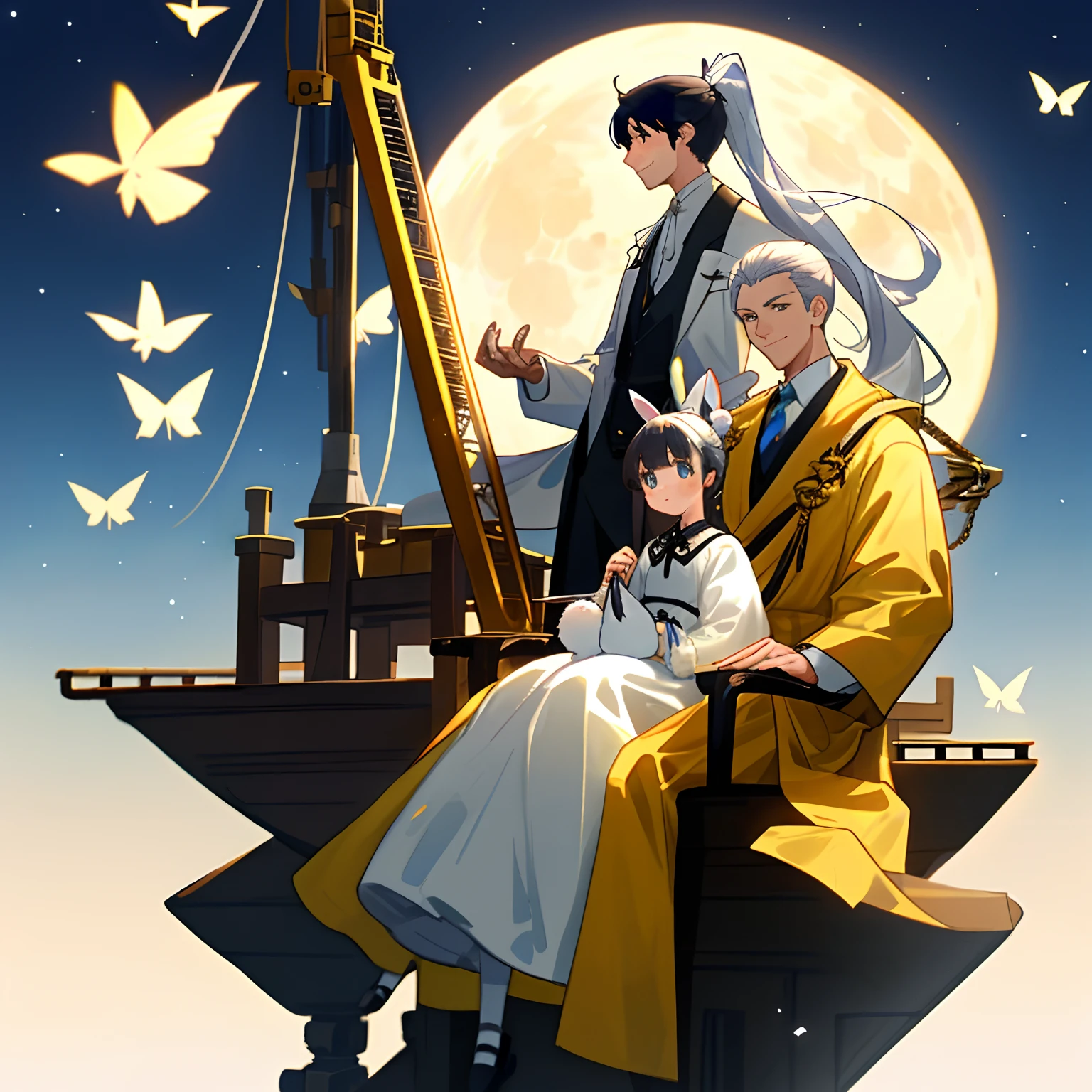 A man in white stood on a giant crane,Behind him is a large, bright moon。The man had a high ponytail,White ribbons flutter with their hair。Next to the man is a beautiful woman sitting,She held the rabbit,Dressed in yellow,The smile is bright。