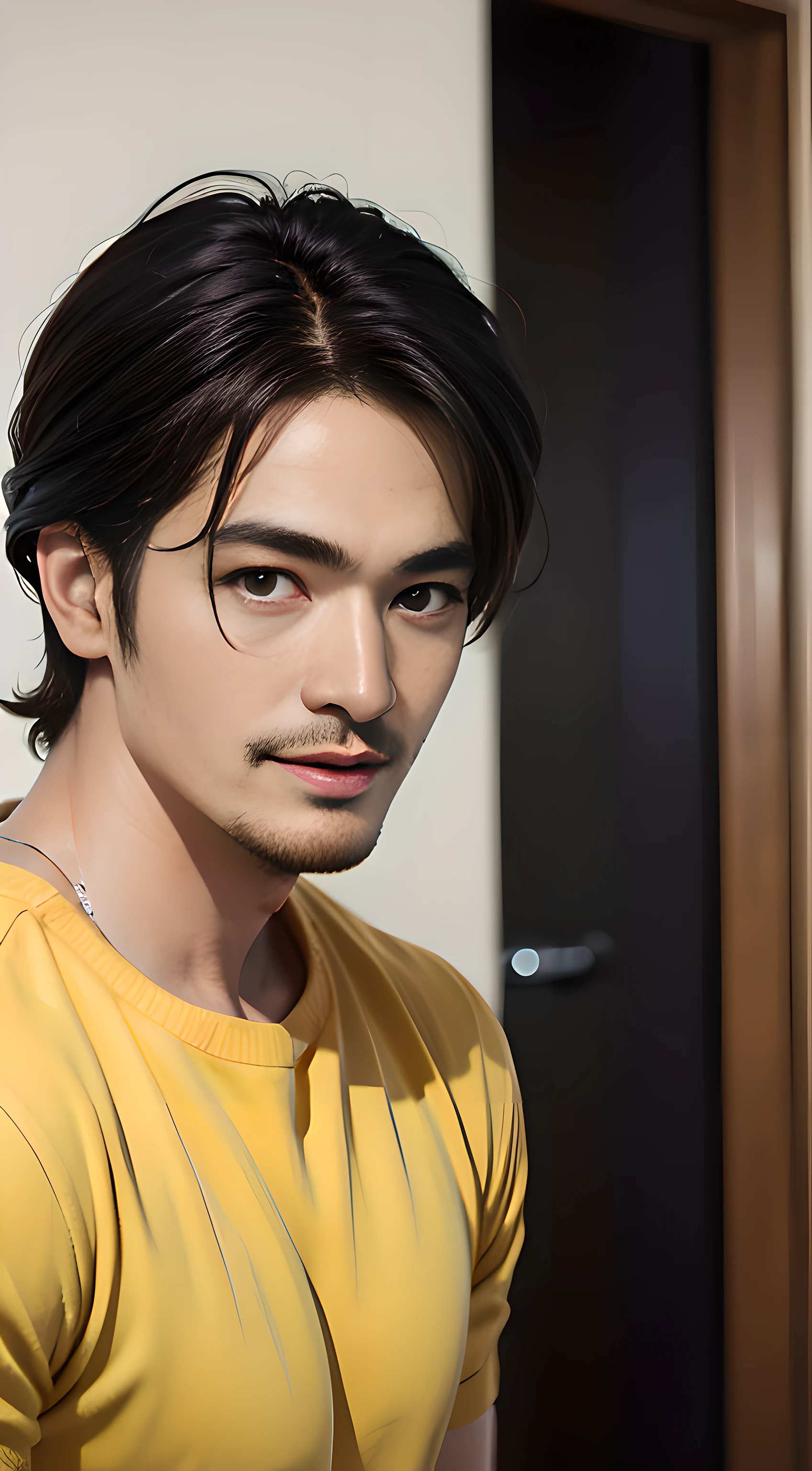 ((Men only)), (head shot), (face only), (tanned handsome muscular man in his 20s), (wearing a yellow outfit), (Takeshi Kaneshiro), (Mischievous smile), (detaile: 1 in 1), Natural muscles, HIG quality, beautidful eyes, (Detailed face and eyes), (Face、: 1 / 2), Noise, Real Photographics、... ................................................................................................................PSD, Sharp Focus, High resolution 8K, realisitic & Professional Photography, 8K UHD, Soft lighting, High quality, Film grain, FujifilmXT3