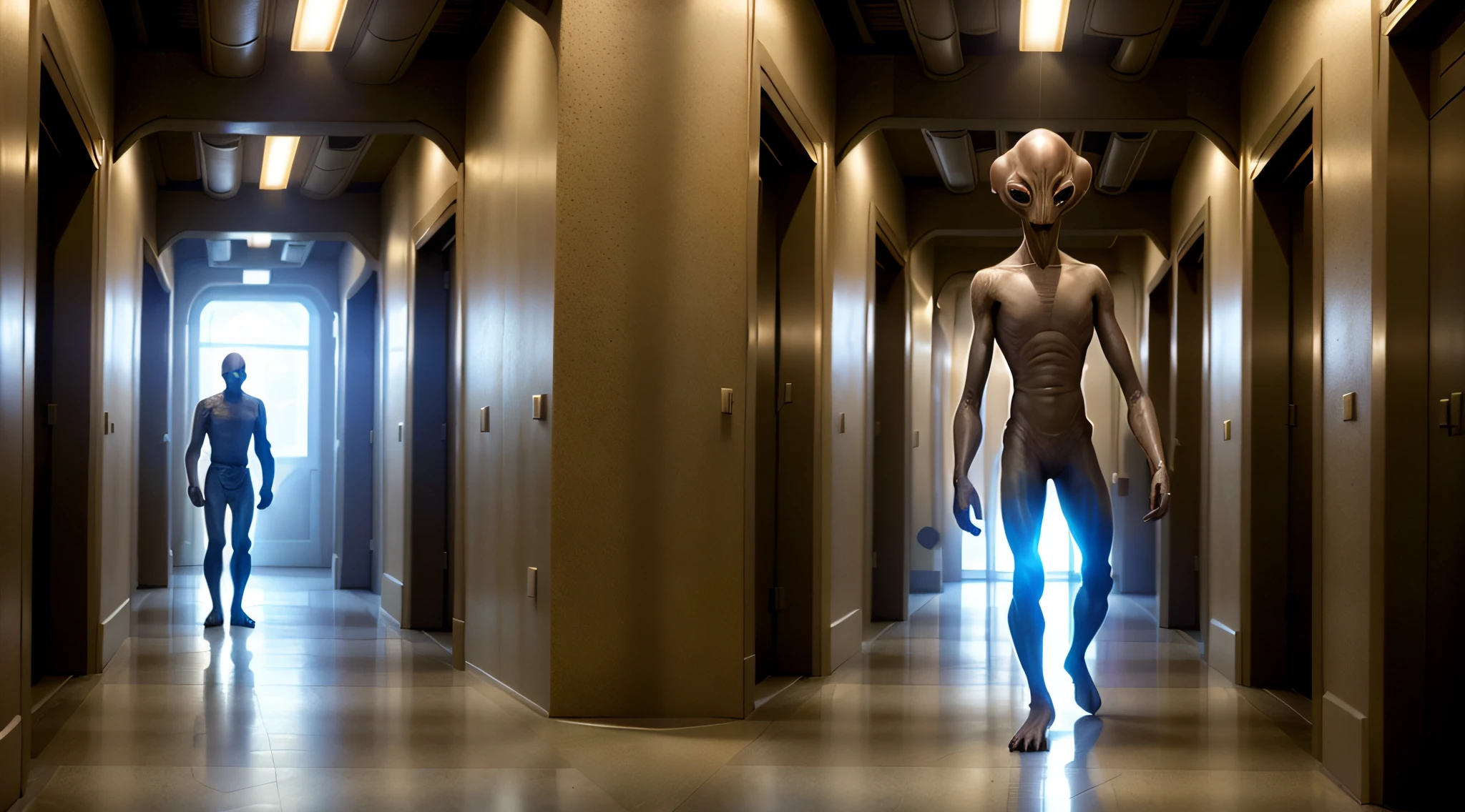 photography of an alien sgasgard portrait, realistic, movie scene, cinematic, dramatic light, back light, standing in a corridor