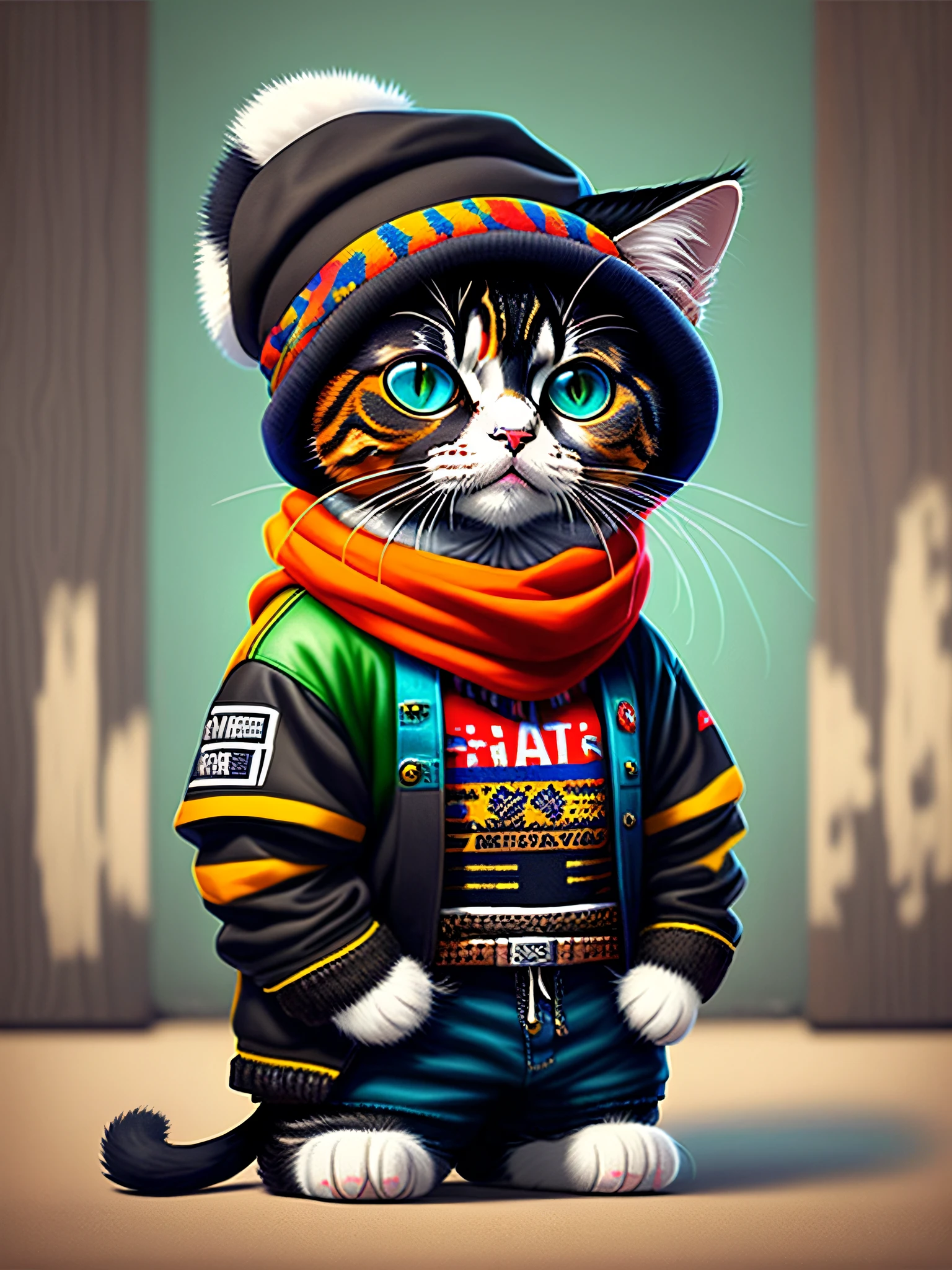 a painting of a cat wearing a hat and scarf, trending in the art station, dressed in punk clothes, detailed hyper realistic rendering, british gang member, street style, intimidating pose, planet of the cats, clothes with fashion, urban samurai, meow, west slavic features, 8 1 5