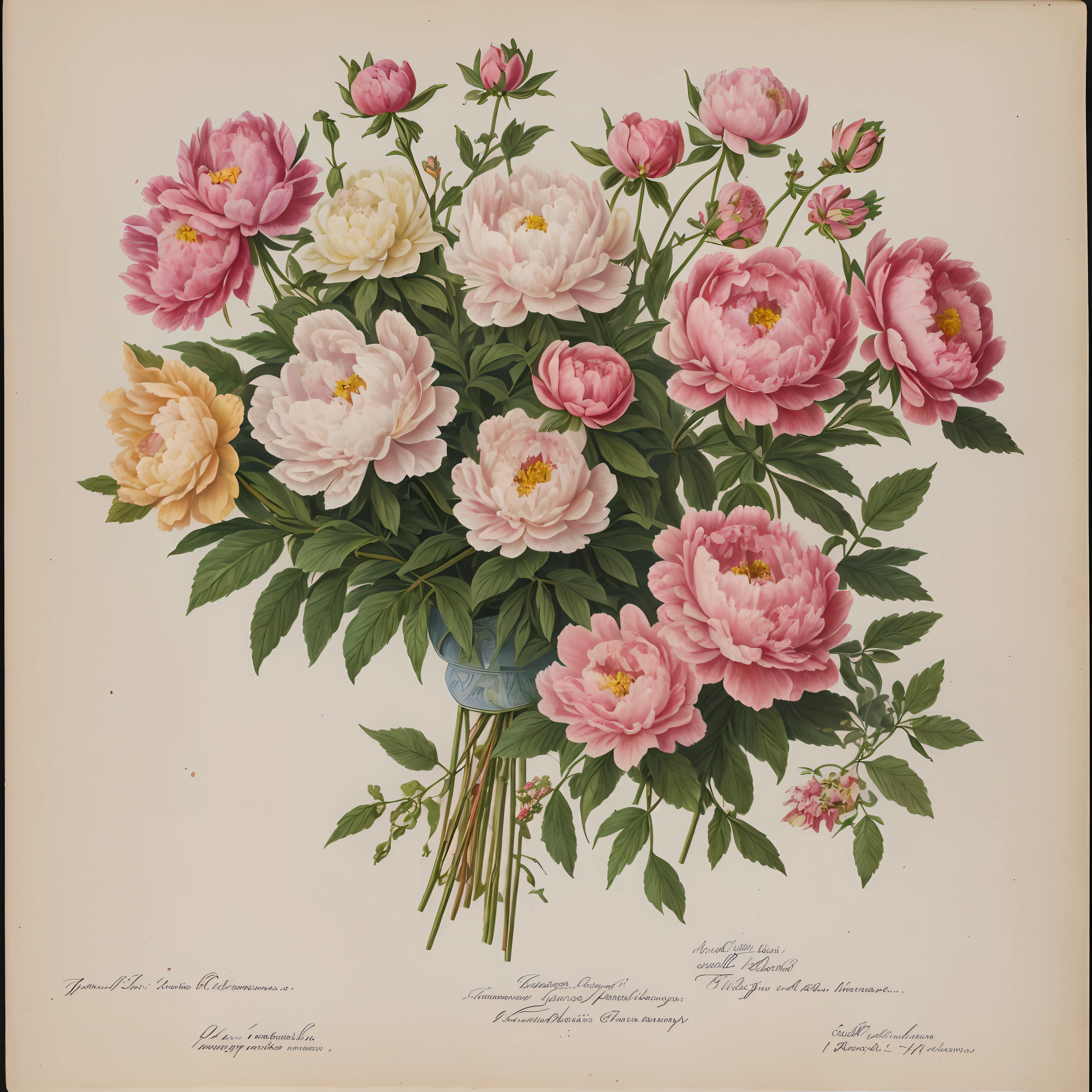 (beste-Qualit: 1.2), (Detailed: 1.2), (tmasterpiece: 1.2), Vintage botanical illustrations of pink peonies, bouquet (1770-1775) in high resolution by John Edwards