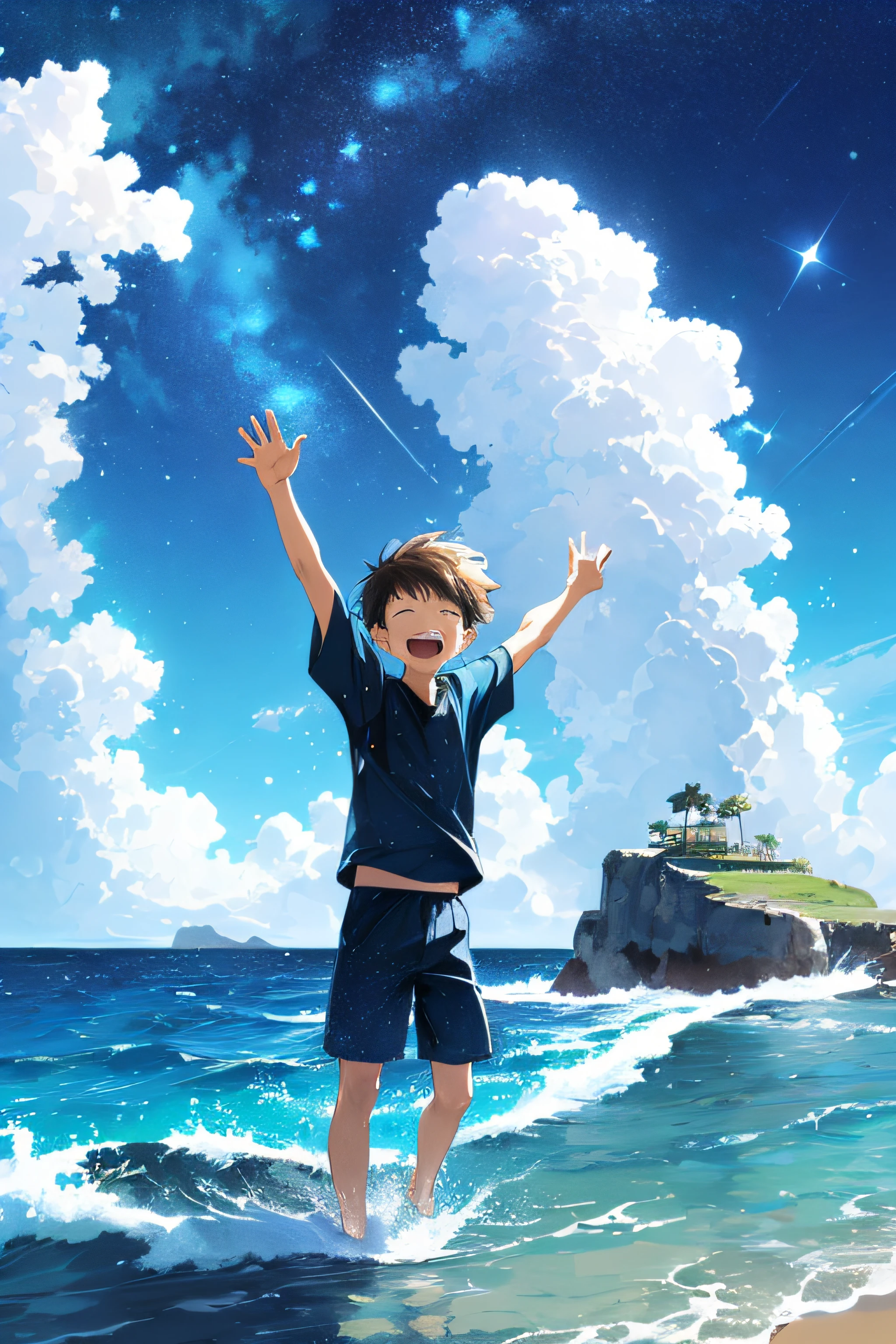 [(Cloud background:1.5),::5] (Isometric:1.0), 1Boy, mid shot, s whole body, ocean, Sea waves, Water splashes, sky, light particles, natta, starry skies,