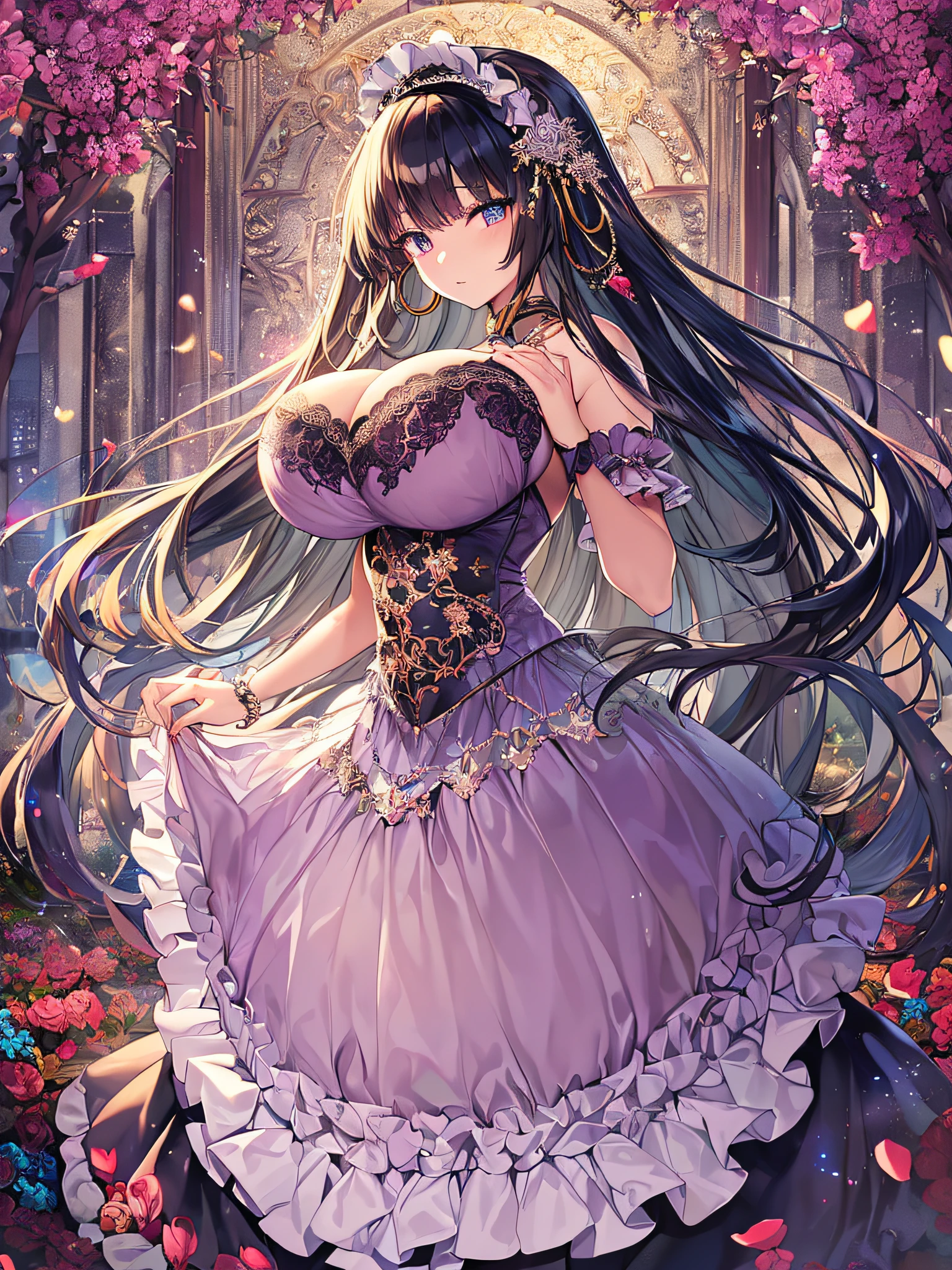 ((anime artstyle)),(Masterpiece),(Best Quality), (Super Detail),((Very Delicate and Beautiful)),(((Solo))),((full body)),(((1 princess in gorgeous lolita dress with voluminous full length hoop skirt))),((standing in garden)),Long train,(bling-bling gorgeous gemstone jewelry),detailed face and eyes,jewel-like eyes,cry,((large amount of straight hair,extremely voluminous Very Long Straight Hair)),((gigantic tits,Long tits)),cleavage,(gorgeousfull embroidery and lace),gorgeous corsage,See-through,((extremely gorgeousfull lolita hair ornament)),bling-bling extremely gorgeousfull jeweled tiara,ornate ruffles,beautiful embroidery,(hoop skirt,crinoline),flowers, flower petals flowing,((Dynamic Angle)),Looking at viewer,((full body))