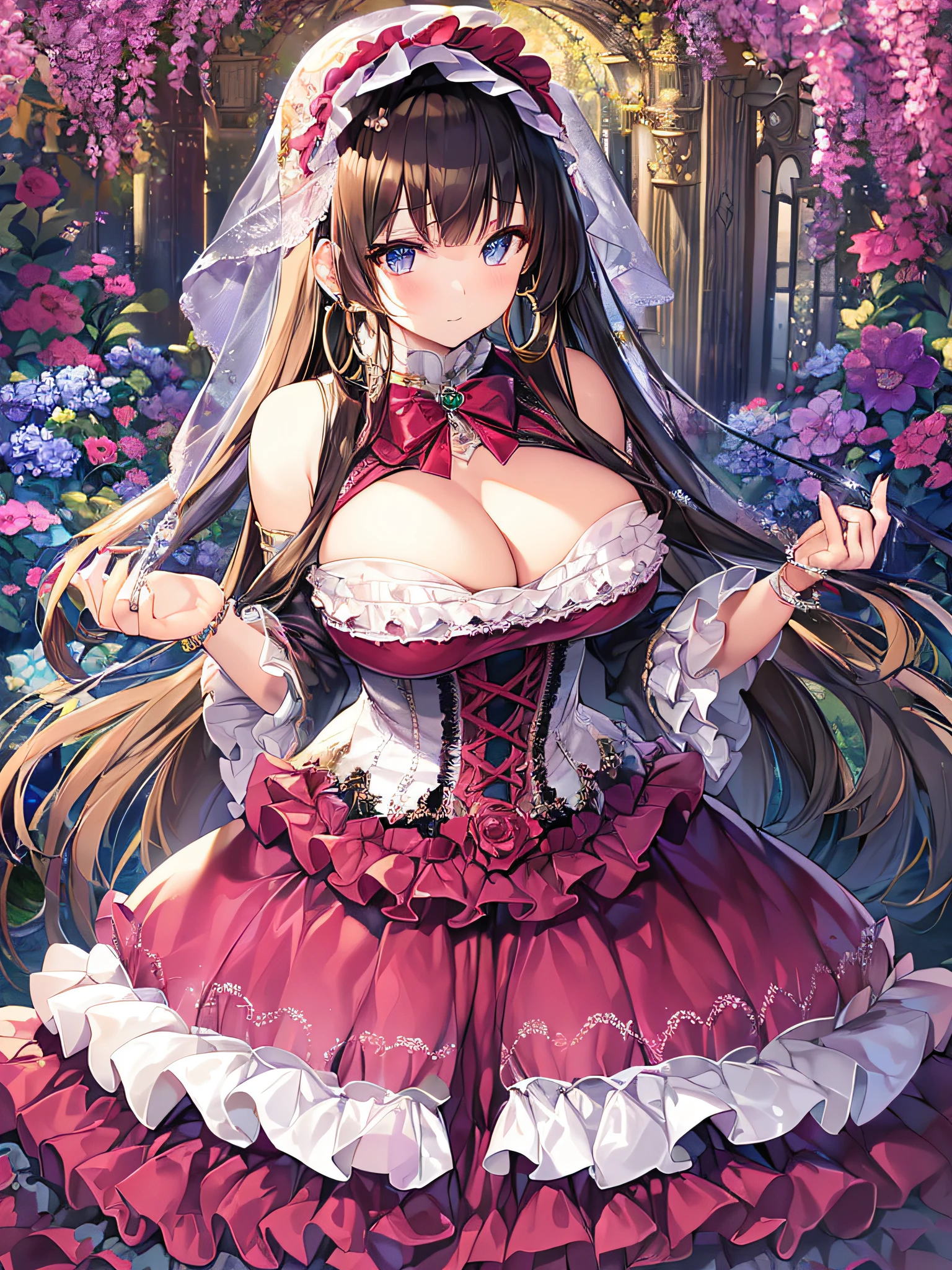 ((anime artstyle)),(Masterpiece),(Best Quality), (Super Detail),((Very Delicate and Beautiful)),(((Solo))),((full body)),(((1 princess in gorgeous ta dress with voluminous full length hoop skirt))),((standing in garden)),Long train,(bling-bling gorgeous gemstone jewelry),detailed face and eyes,jewel-like eyes,cry,((large amount of straight hair,extremely voluminous Very Long Straight Hair)),((gigantic tits,Long tits)),cleavage,(gorgeousfull embroidery and lace),gorgeous corsage,See-through,((extremely gorgeousfull loliair ornament)),bling-bling extremely gorgeousfull jeweled tiara,ornate ruffles,beautiful embroidery,(hoop skirt,crinoline),flowers, flower petals flowing,((Dynamic Angle)),Looking at viewer,((full body))
