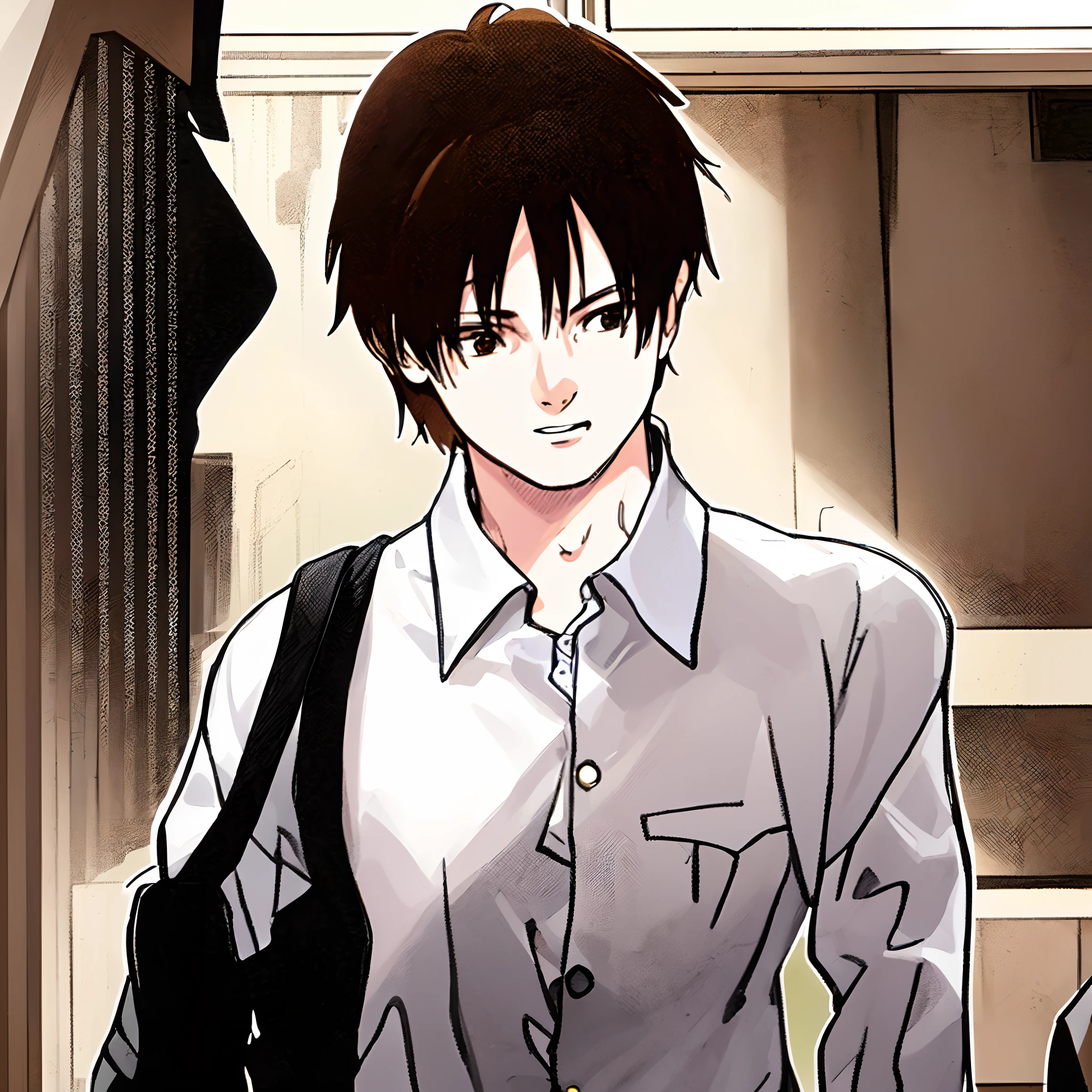 masterpiece, high quality illustration, high detailed background, ultra detailed lighting, high detailed shadow, 1boy, male focus, shirt, solo, collared_shirt, loong, sleeves shirt, ((white shirt)), ((brown hair)), ((brown eyes)), downstairs