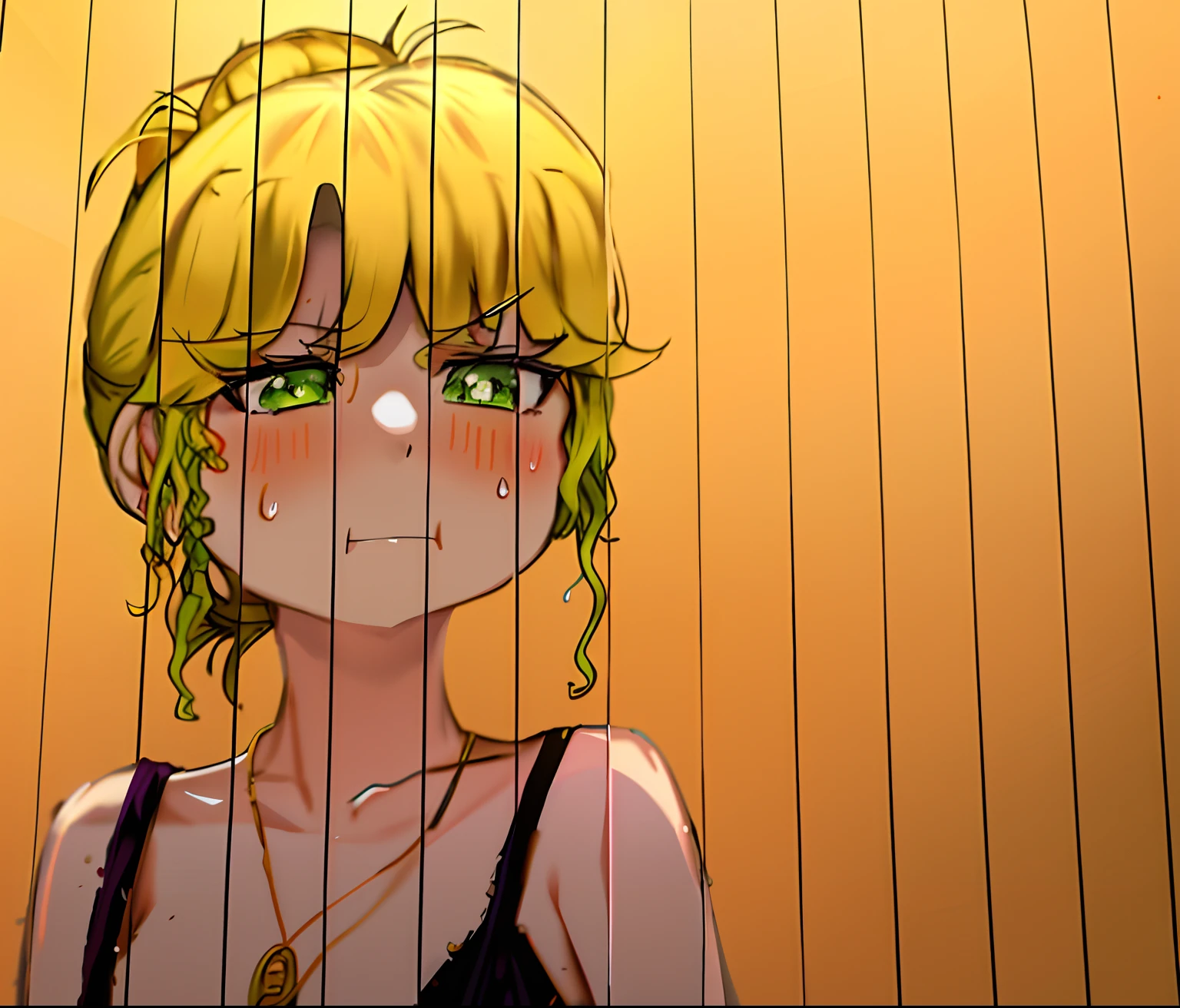 Anime Pictures,Finish the colors in it:Golden hair,Green eyes,hair tying up,The expression is helpless ,Sweat on the face ,Wearing a black slip dress,With a silver necklace ,Lovely little sister。