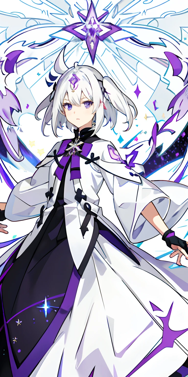 Anime characters are dressed in white and purple,There is a star in the hair, white-haired god, Official artwork, Ayaka Genshin impact, fate grand order, hajime yatate, akasuki voidstar, white haired Cangcang, White-haired, anime moe art style, celestial aura, official character art, full body white purple cloak, Beautiful celestial mage