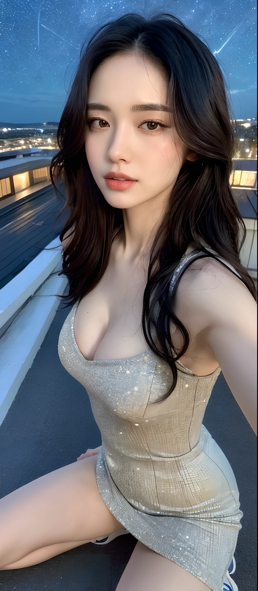 ((Best quality, 8k, Masterpiece :1.3)), Sharp focus, upper body, A pretty woman with perfect figure, Slender abs, slender thigh, big breast, ((black wavy hair)), (gown on sneakers), (sitting), ((rooftop, starry night)), Highly detailed face and skin texture, Detailed eyes, Double eyelid, close up,