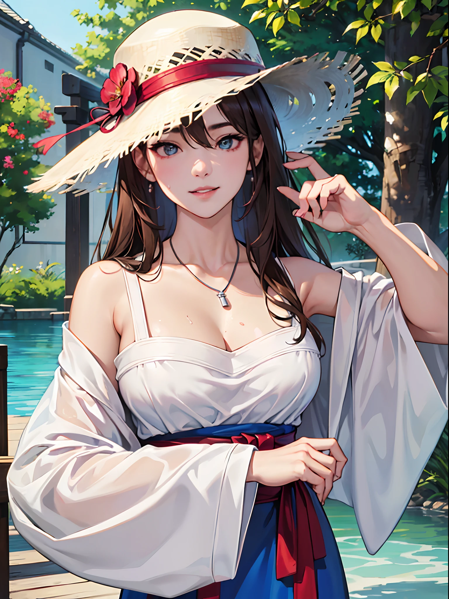 ((top-quality、in 8K、masterpiece:1.3、超A high resolution))、(Clear focus:1.4、The focus is on the person:1.2)、A Japanese Lady、1 persons、full bodyesbian、Turning around、((dark brown hair))、(a straw fedora hat:1.2)、1/2 pink and 1/2 blue dresses、detailed cloths、Fluffy cloth、Super fine face、A detailed eye、Narrow-eyed、二重まぶた、Reddish cheeks、Detailed skin、Sweating、Lustrous skin、Shine skin、Shaded skin、ruddy lips、a smile、Pearl piercing、Silver necklace、large breasts、looking in camera、Sexy Posing、(plain:1.1、daytime)、Natural lighting --auto