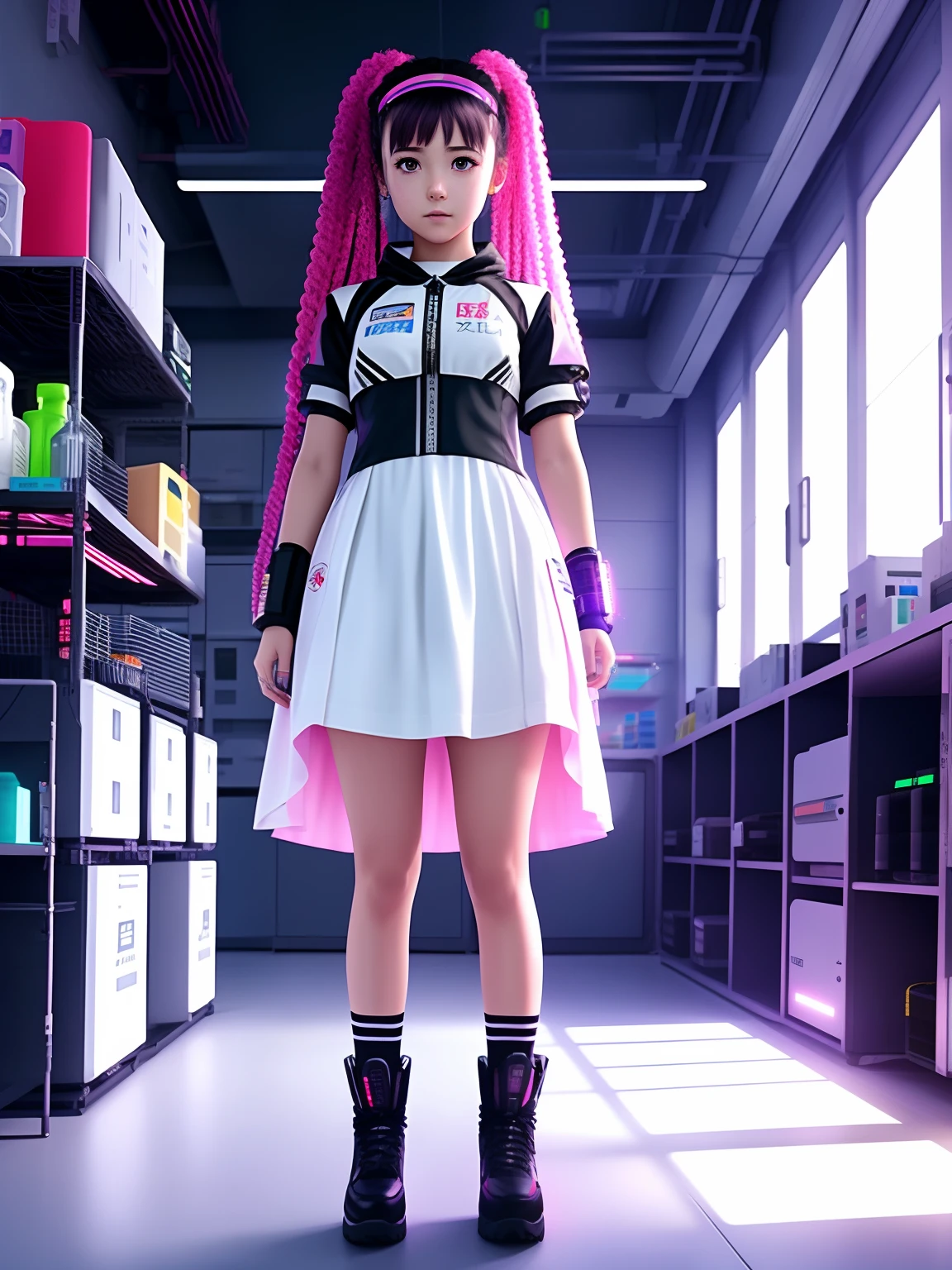 uma menina, estilo anime, cyberpunk, vestido florado, standing on her feet, cabelo branco, in a lab, fiction, (alta qualidade), (alta resolução), (vagalumes voando) 4k