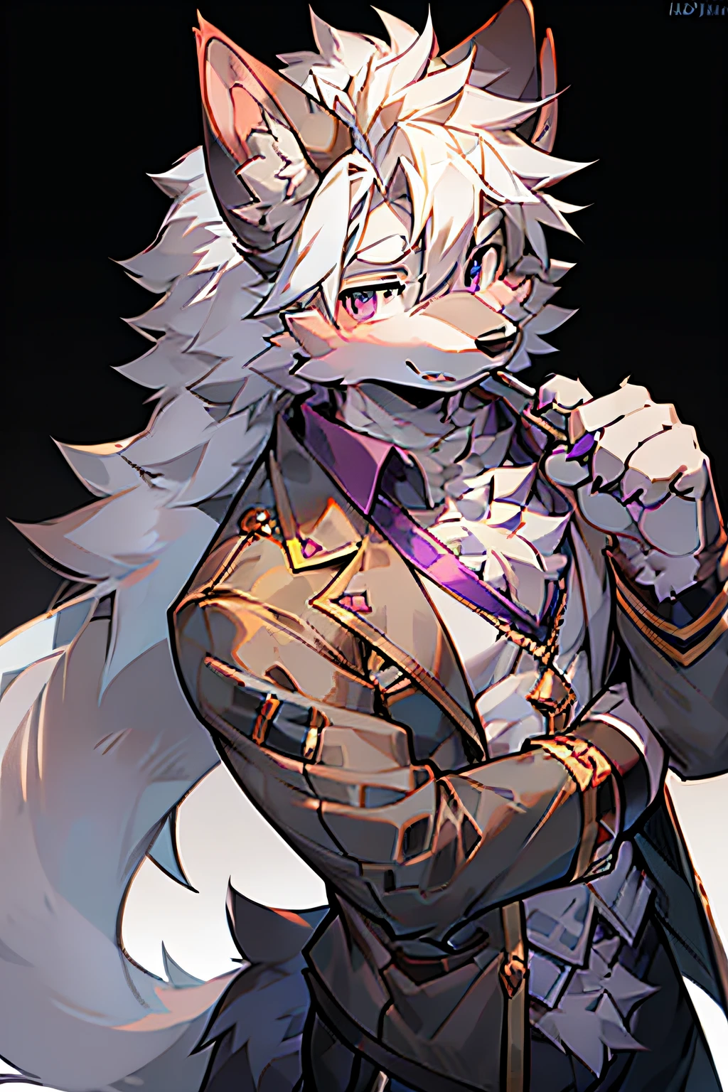solo person,shaggy male,furry,coyote,canid,Gray fur,long white hair,The hair ends are purple,a purple eye,Wearing a monocle,Bullied,adolable,Handsome