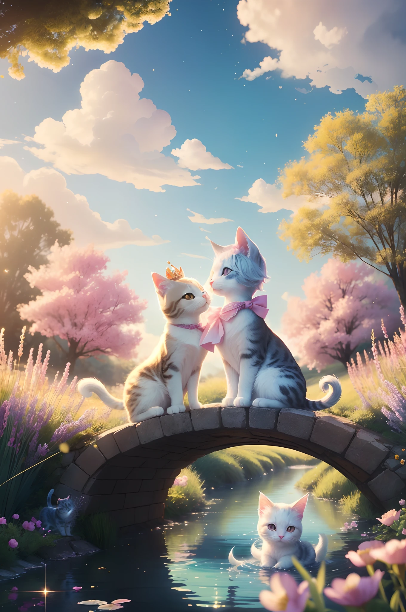 There are two cats that are sitting on a bridge in the water, painting digital adorable, arte digital detalhada bonito, arte digital bonito, Arte digital altamente detalhada em 4k, Arte digital detalhada em 4k, Beeple e Jeremias Ketner, bela arte digital, Fantasia pintura fosca，fofo, Beautiful digital illustration, Arte bonita UHD 4K, illustration of 2 cats