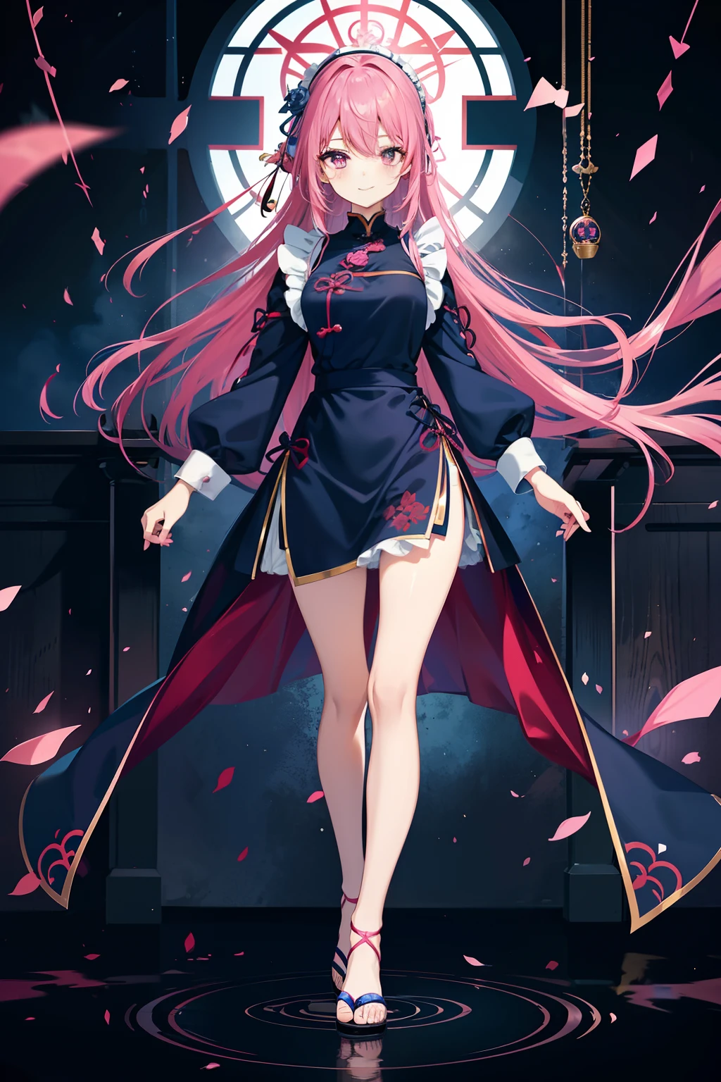 Hyoma Chigiri (Blue Lock), Blue Lock, ember, reddish-pink hair and dark pink eyes,, Delicate face, long eyelashes, (Semi-long hair), maid clothes, qipao dress, Bare legged, Black Leggings, Sandals, Smile