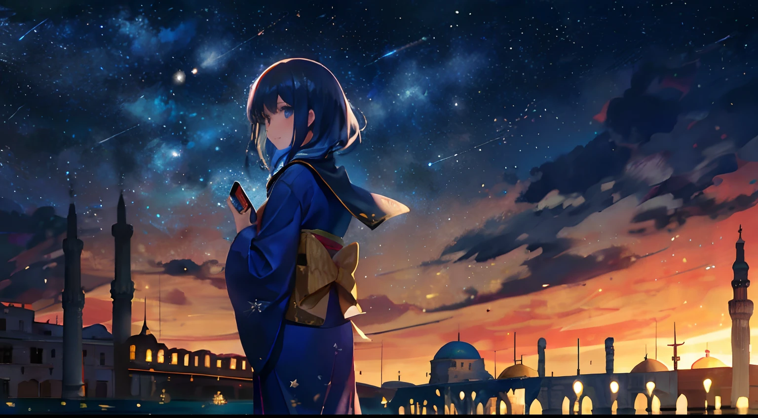 (Ayasofya Camii: 1.5), One, distant girl in kimono staring at the stars (reduced: 1.1), (meteor shower: 1.2), (comet: 1.1), low angle, from behind, arrow labrealis shooting star, (girl: 1.5), highest quality standing in the field, masterpiece, clouds, colorful, starry sky, stars,