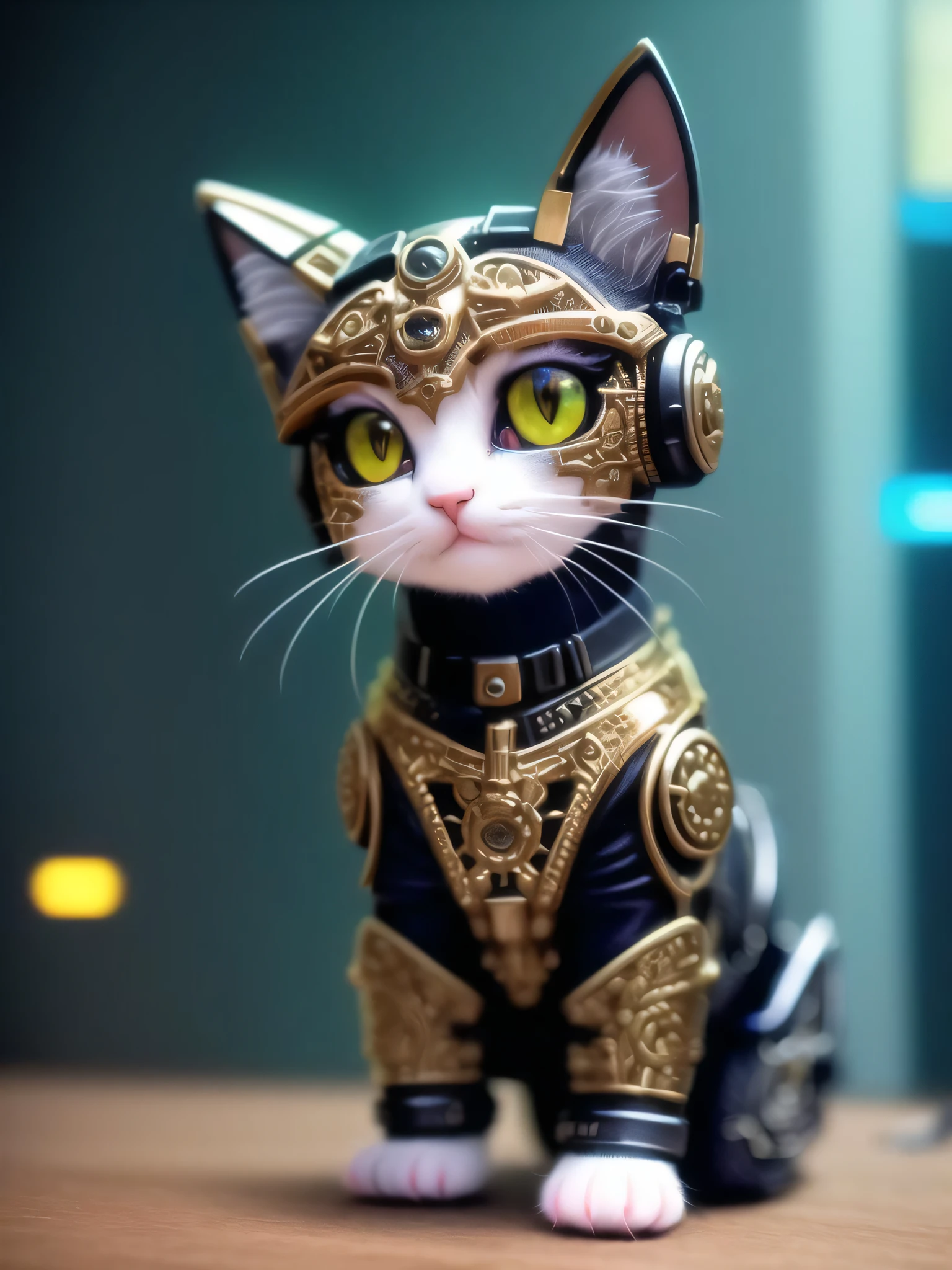 a cute kitten made out of metal, cyborg, cyberpunk style, ((intricate details)), hdr, ((intricate details, hyperdetailed)), cinematic shot, vignette,