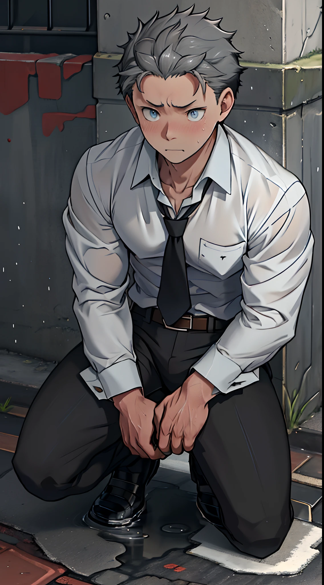 （1 Adult male），A high resolution， Sharp focus， Pixiv masterpiece， （（Complicated details））， highly  detailed， natsuki_subaru，Multi-view upper body，Suit pants view， 1 man，is shy，Pee on the legs，pissing，Urine runs down the thighs，embarressed，exhilarated，is shocked，panicking，worry，A small puddle of their own urine forms around the feet，full bodyesbian，kneels on the ground，Very eager to pee，It's uncomfortable，Wet yourself，Urine discharge， Sweaty crotch，Drenched，rain，The shirt is soaked，（A gesture of pleading），blue color eyes（eyes glowing）， Short gray hair，white  shirt，Wear a tie，Wear a belt，Black suit trousers，perspire，look from down