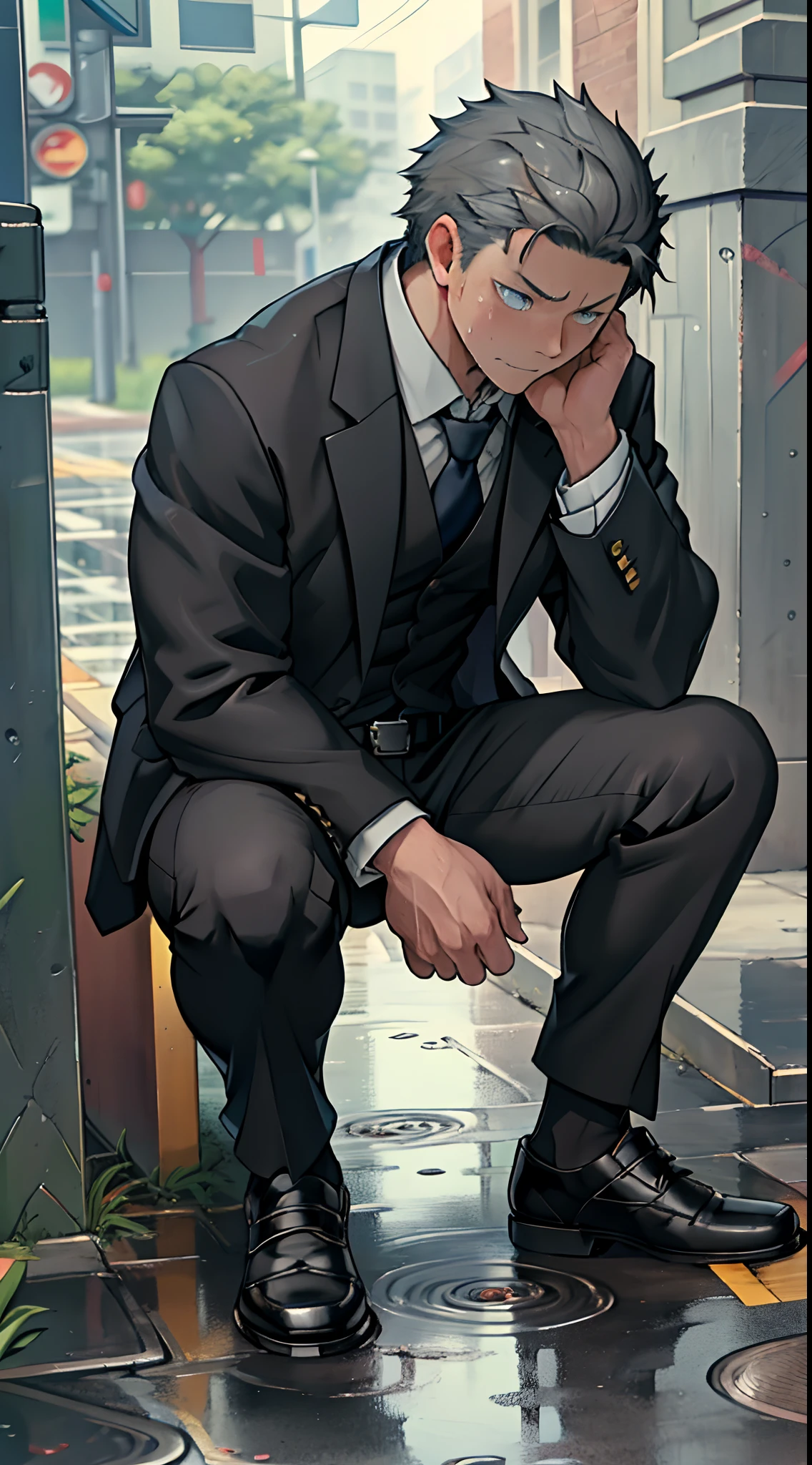 (1 Adult male),A high resolution, Sharp focus, Pixiv masterpiece, ((Complicated details)), highly detailed, natsuki_subaru,Multi-view upper body,Suit pants view, 1 man,is shy,Pee on the legs,pissing,Urine runs down the thighs,embarressed,exhilarated,is shocked,panicking,worry,A small puddle of their own urine forms around the feet,full bodyesbian,kneels on the ground,Very eager to pee,It's uncomfortable,Wet yourself,Urine discharge, Sweaty crotch,Drenched,rain,The shirt is soaked,(A gesture of pleading),blue color eyes(eyes glowing), Short gray hair,white shirt,Wear a tie,Wear a belt,Black suit trousers,perspire,look from down