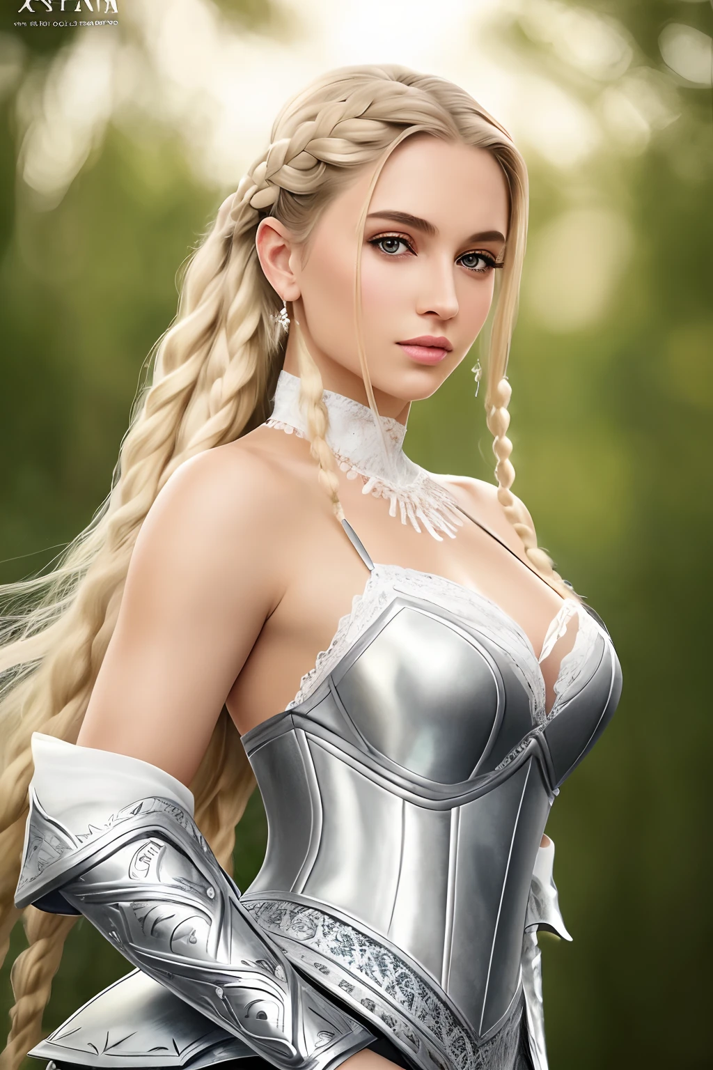 tmasterpiece,best qualtiy,hdr, hyper HD, 8K,Bokeh,Ultra-fine painting,Sharp focus,Physically-based rendering,Extreme detail description，1 female paladin，（Raised sexy：1.5），ride horse，sabre，Light silver armor，（Richly decorated armor：1.5），(The pattern is delicate and beautiful:1.5)，The hair is light blonde，Long, Thick braids，A detailed eye，Straight nose，perfect bodies，