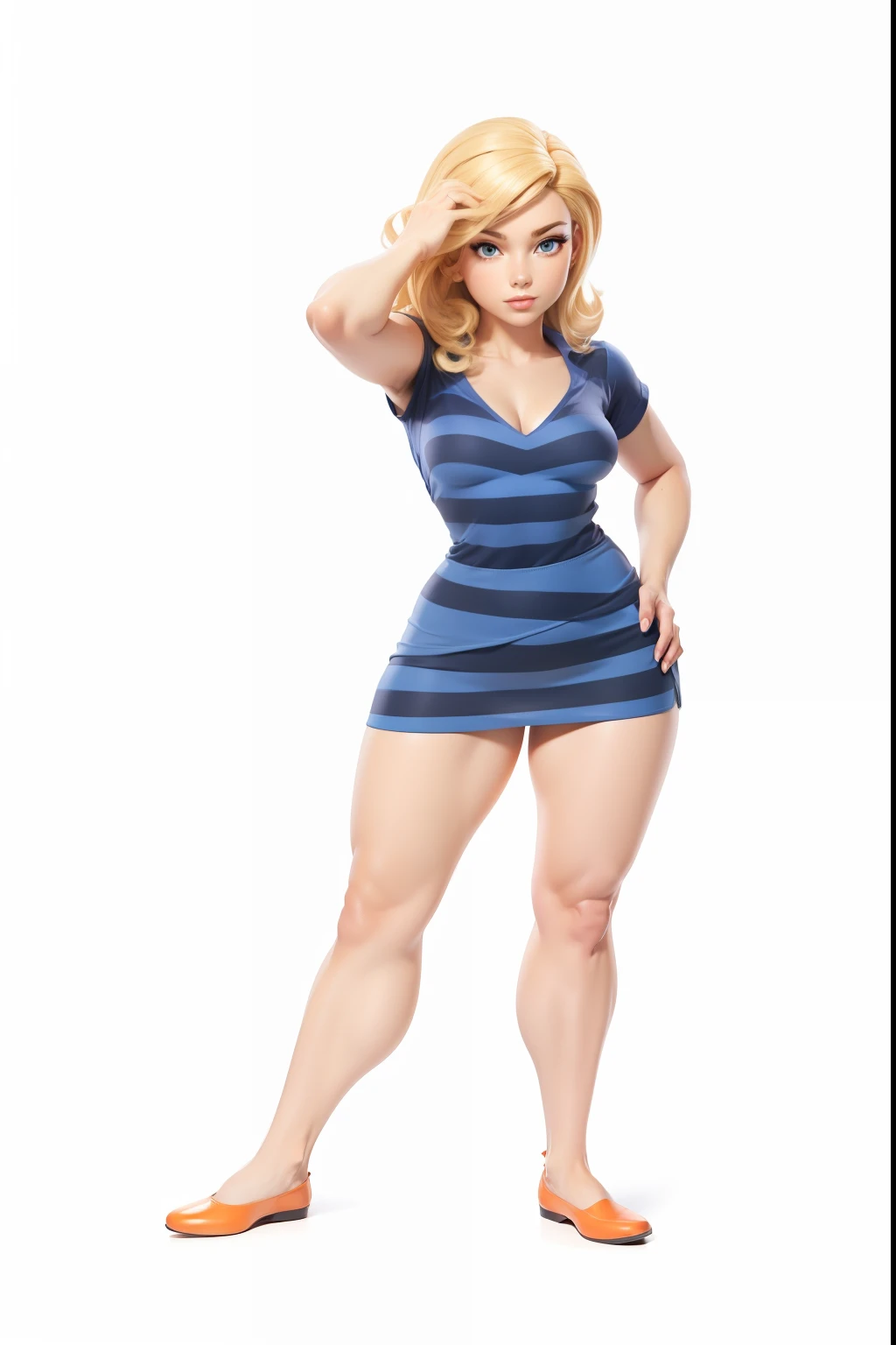 Masterpiece woman, blonde hair in a tight skirt blue with black stripes, orange shoes