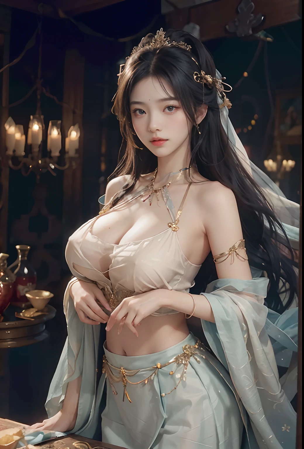 （hoang lap，A high resolution，ultra - detailed），1girll，Shy，is shy，Gentle and sweet girl，Complicated details，enlarged textures，Complicated details，Fine eyes and detailed face，Complicated details，whaite hair，Fluttering hair，Hands covered，huge boob，perfect boobs，areola of breast，（Keep one's mouth shut），（perfect  eyes，Equal eyes），Transparent clothes，cropped shoulders，nabel，Superskirt，Ultra photo realsisim，photograph of-realistic，