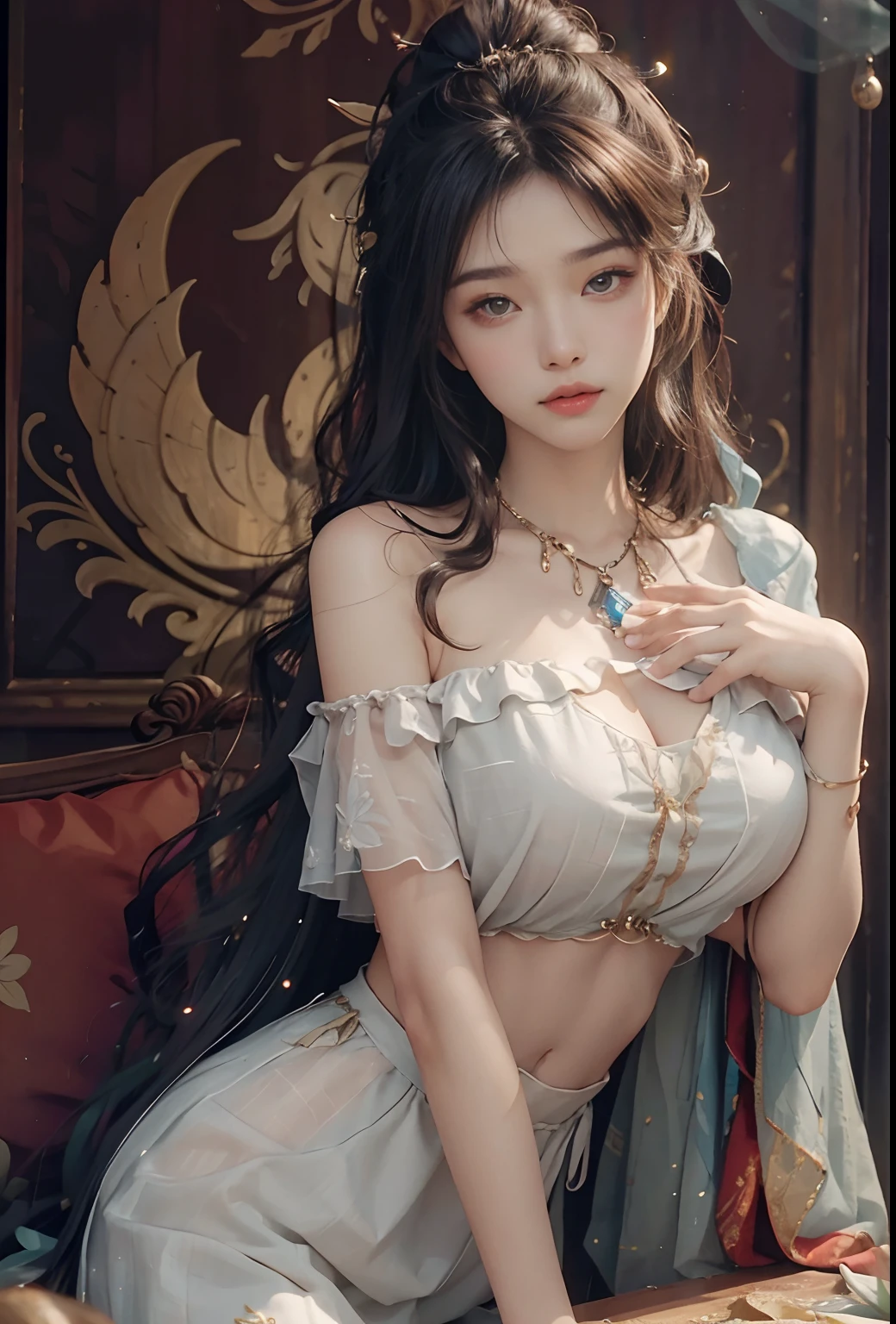 (hoang lap,A high resolution,ultra - detailed),1girll,Shy,is shy,Gentle and sweet girl,Complicated details,enlarged textures,Complicated details,Fine eyes and detailed face,Complicated details,whaite hair,Fluttering hair,Hands covered,huge boob,perfect boobs,areola of breast,(Keep one's mouth shut),(perfect eyes,Equal eyes),Transparent clothes,cropped shoulders,nabel,Superskirt,Ultra photo realsisim,photograph of-realistic,