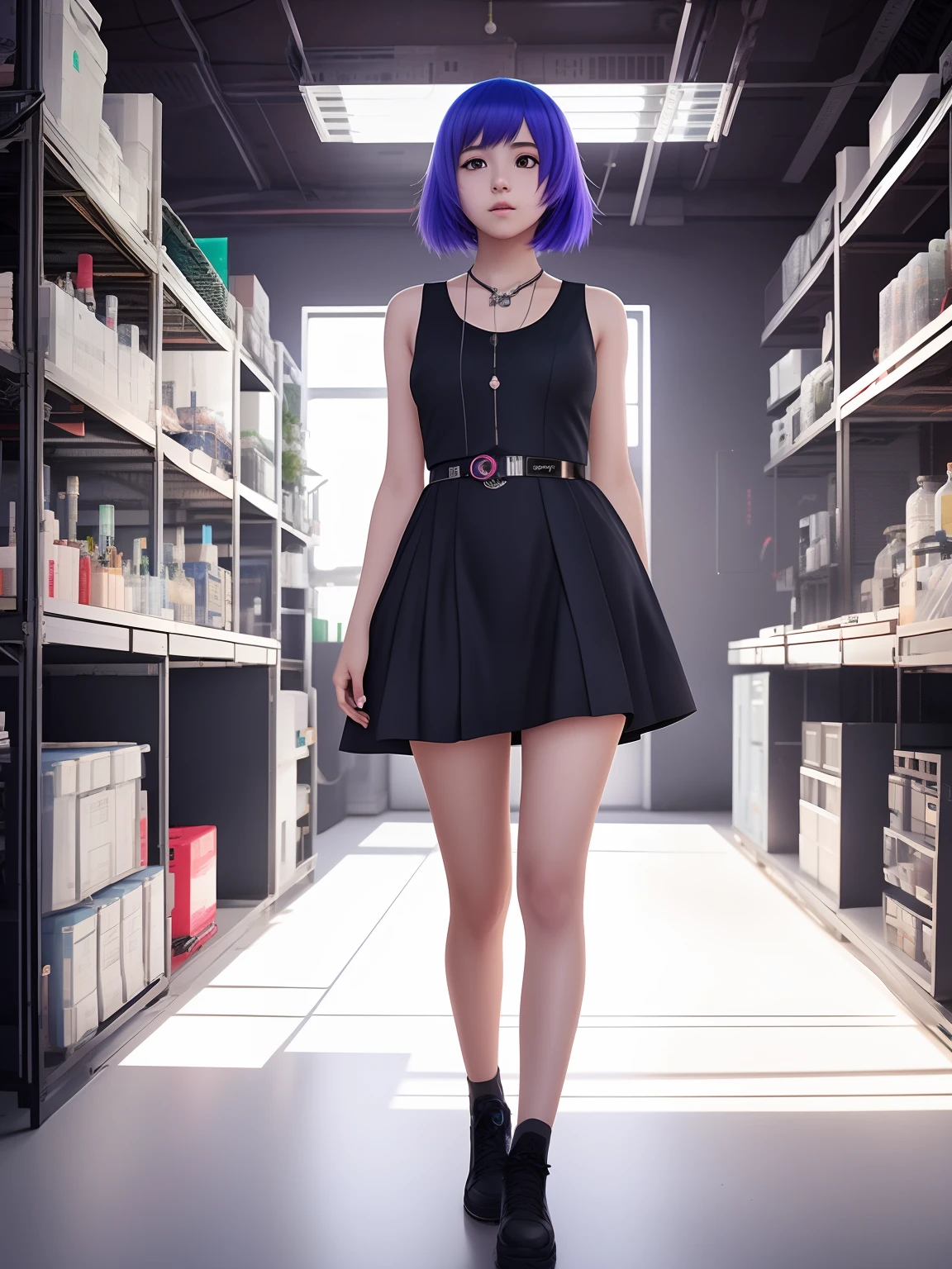 uma , estilo anime, cyberpunk, vestido florado, standing on her feet, cabelo branco, in a lab, fiction, (alta qualidade), (alta resolução), (vagalumes voando) 4k