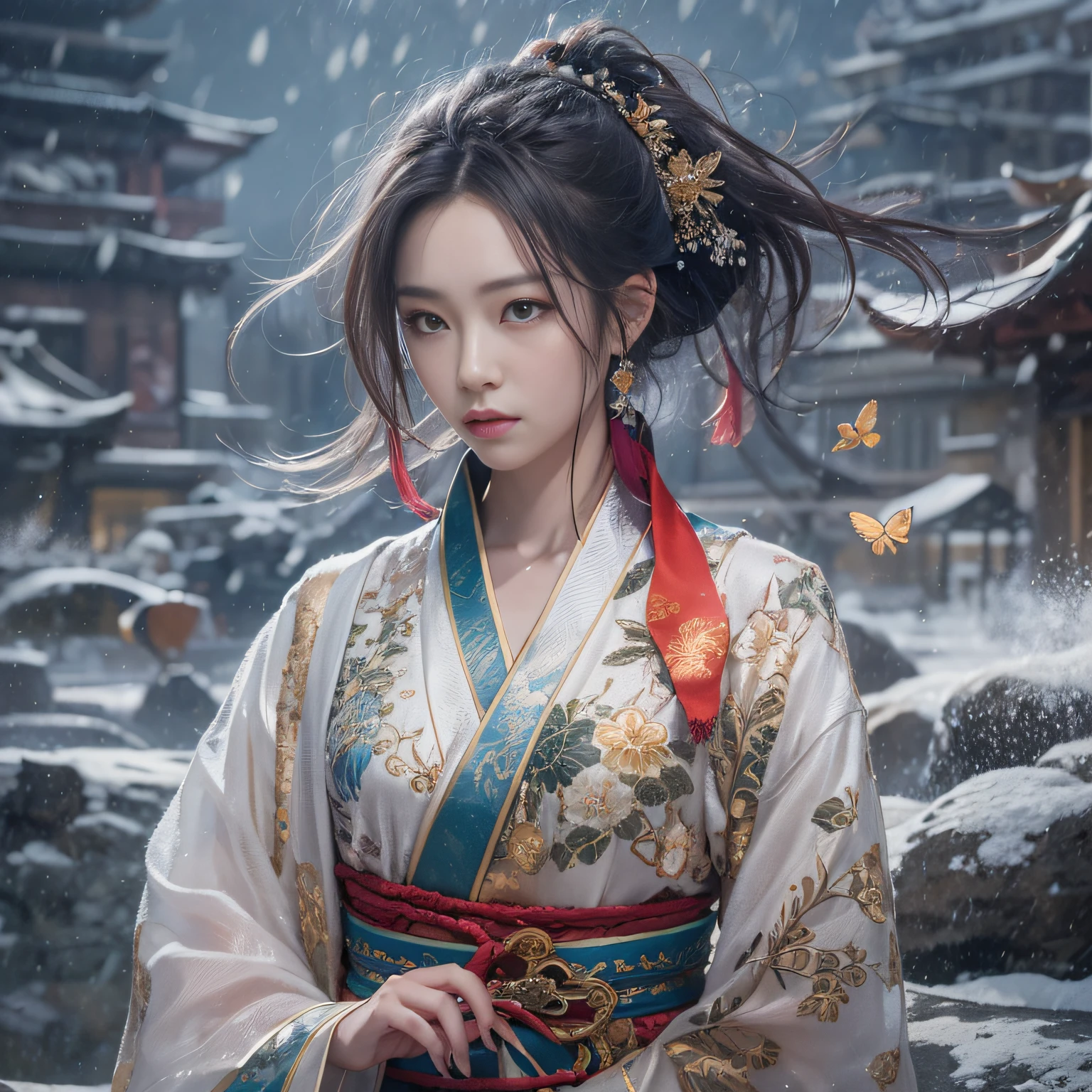 32K(tmasterpiece,k hd,hyper HD,16k)Flowing short hair,Backroom pond,zydink, a color, Asian people (Female Student), (Silk scarf), Combat posture, looking at viewert, long whitr hair, Floating hair, Hanfu, Chinese clothes, longer sleeves, (abstract ink splash:1.2), white backgrounid,Kirin Beast Protector (realisticlying:1.4),,Snowflakes fluttering,The background is pure, A high resolution, the detail, RAW photogr, Sharp Re, Nikon D850 Film Stock Photo by Jefferies Lee 4 Kodak Portra 400 Camera F1.6 shots, Rich colors, ultra-realistic vivid textures, Dramatic lighting, Unreal Engine Art Station Trend, cinestir 800,