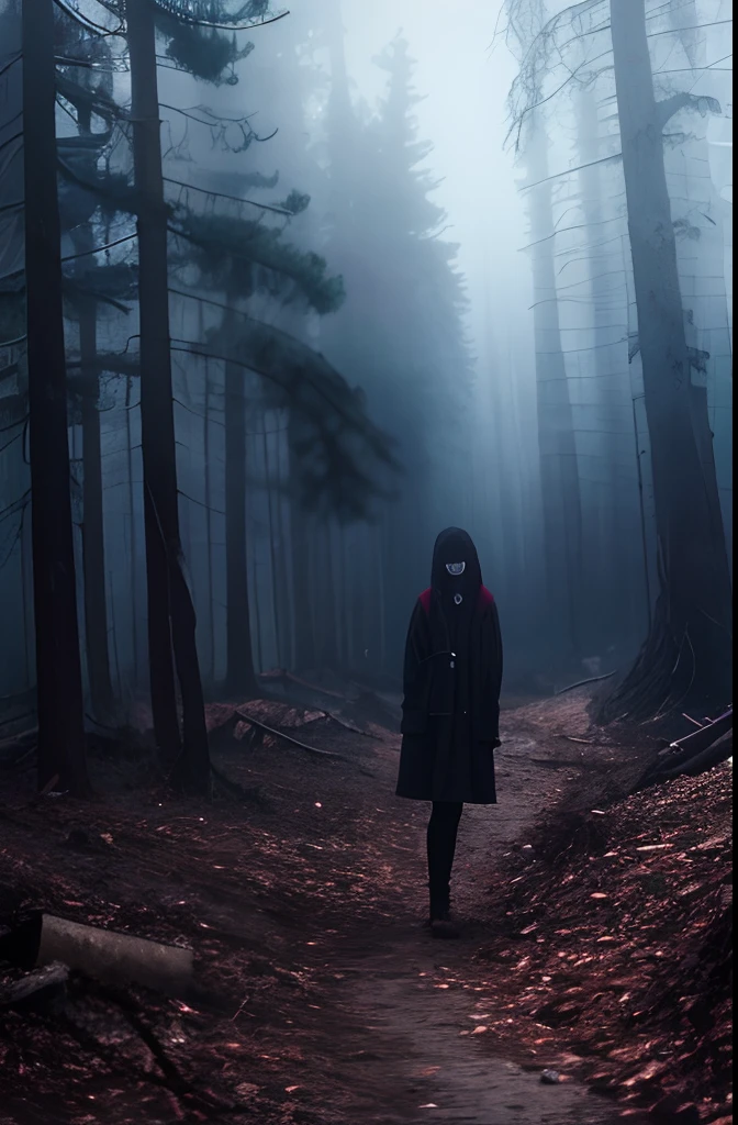 A beautiful girl, full body, horror, broken, twisted, sky, fog, smoke, dust, dark forest, shadow creature, Junji Ito, masterpiece, super high resolution, high quality, movie lighting,