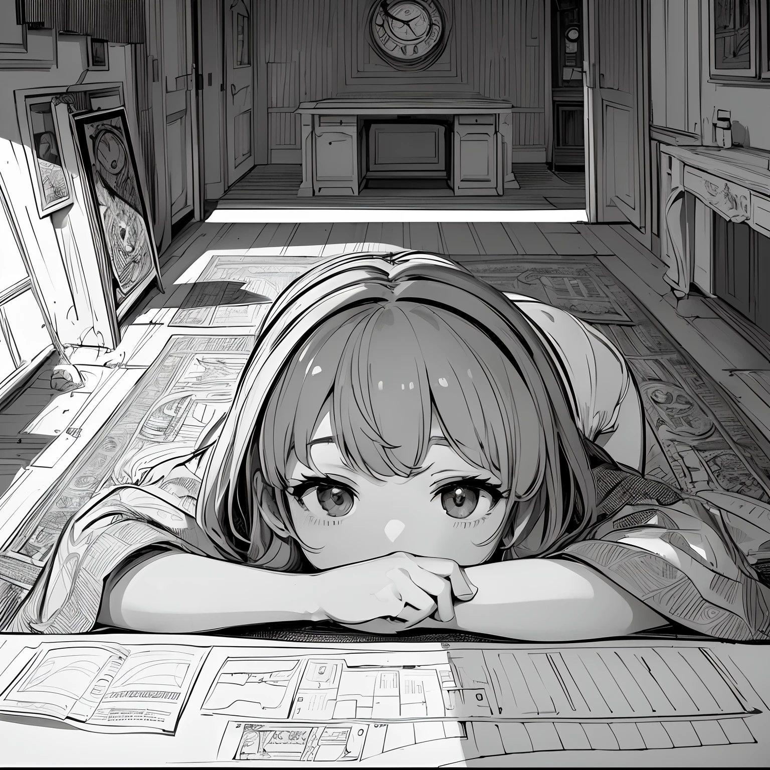masterpiece、top-quality、High-quality images、8K、 ((unmanned、Background with、Precise perspective、line-drawing、Contour extraction、Monochrome grayscale、Moderate shading、Medium omission、Comic style、)):1.4 ((Wall clock、a room))1.5