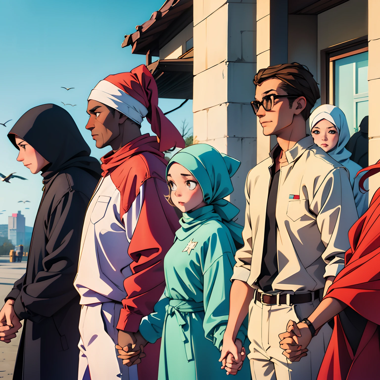 there are 4 people holding hands 2 women 2 men, one woman wearing hijab, one woman not wearing hijab, 1 white man, 1 dark skinned man, sfw cartoon --auto