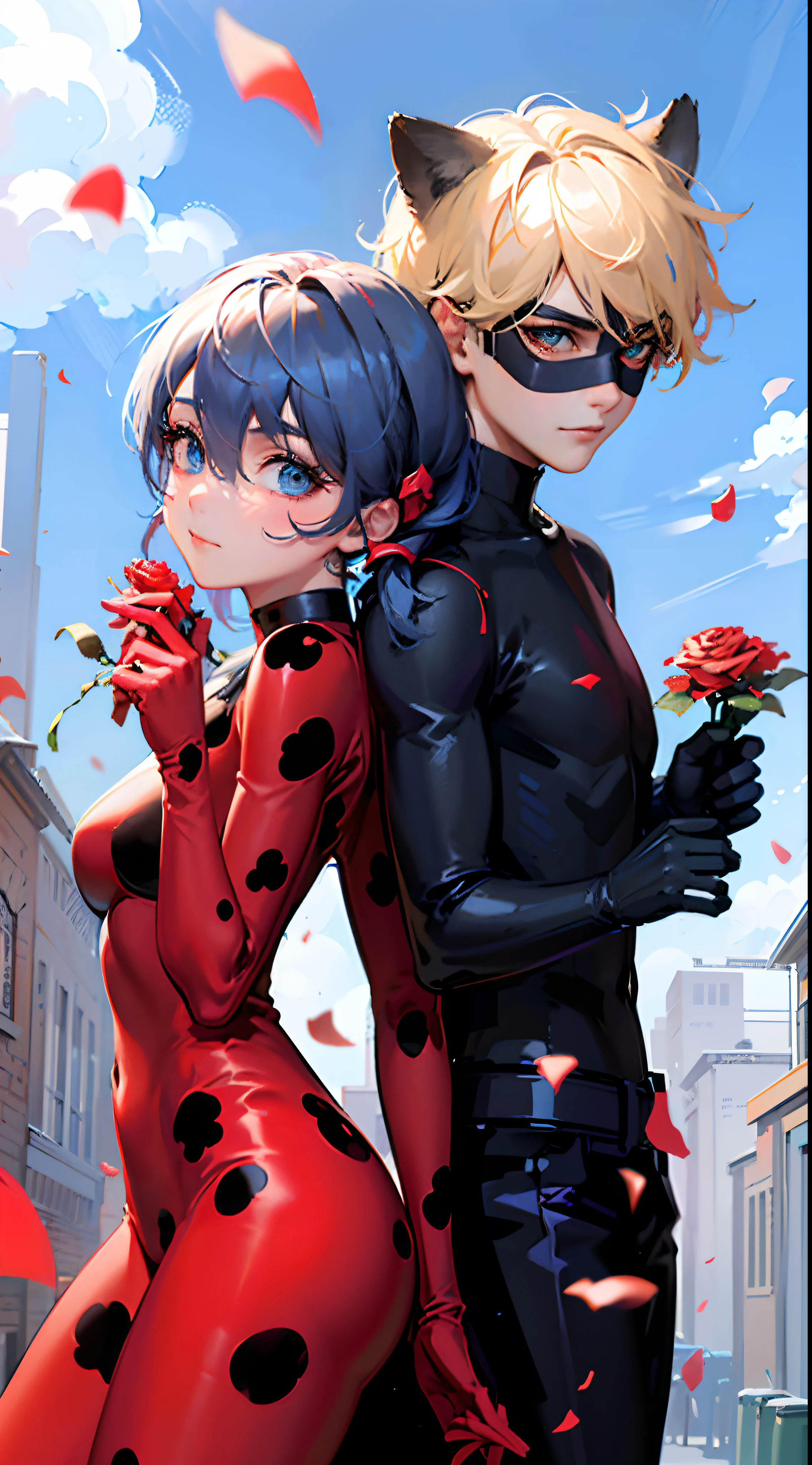 (best quality), ((masterpiece)), (highres), original, extremely detailed 8K wallpaper, (an extremely delicate and beautiful), 1girl, 1boy, flower, blue eyes, rose, domino mask, mask, twintails, bodysuit, holding, smile, holding flower, black bodysuit, blonde hair, petals, polka dot, outdoors, green eyes, animal ears, sky, cat boy, day, looking at viewer, hair ribbon, ribbon, cloud, red flower, cat ears, back-to-back, red bodysuit, low twintails, red rose, black hair, fake animal ears, blue sky, bangs, building, gloves, breasts, superhero, closed mouth, long hair, standing, swept bangs, rose petals, black gloves, cowboy shot, blurry, red ribbon, jewelry, skin tight, blue hair, 8k, HD