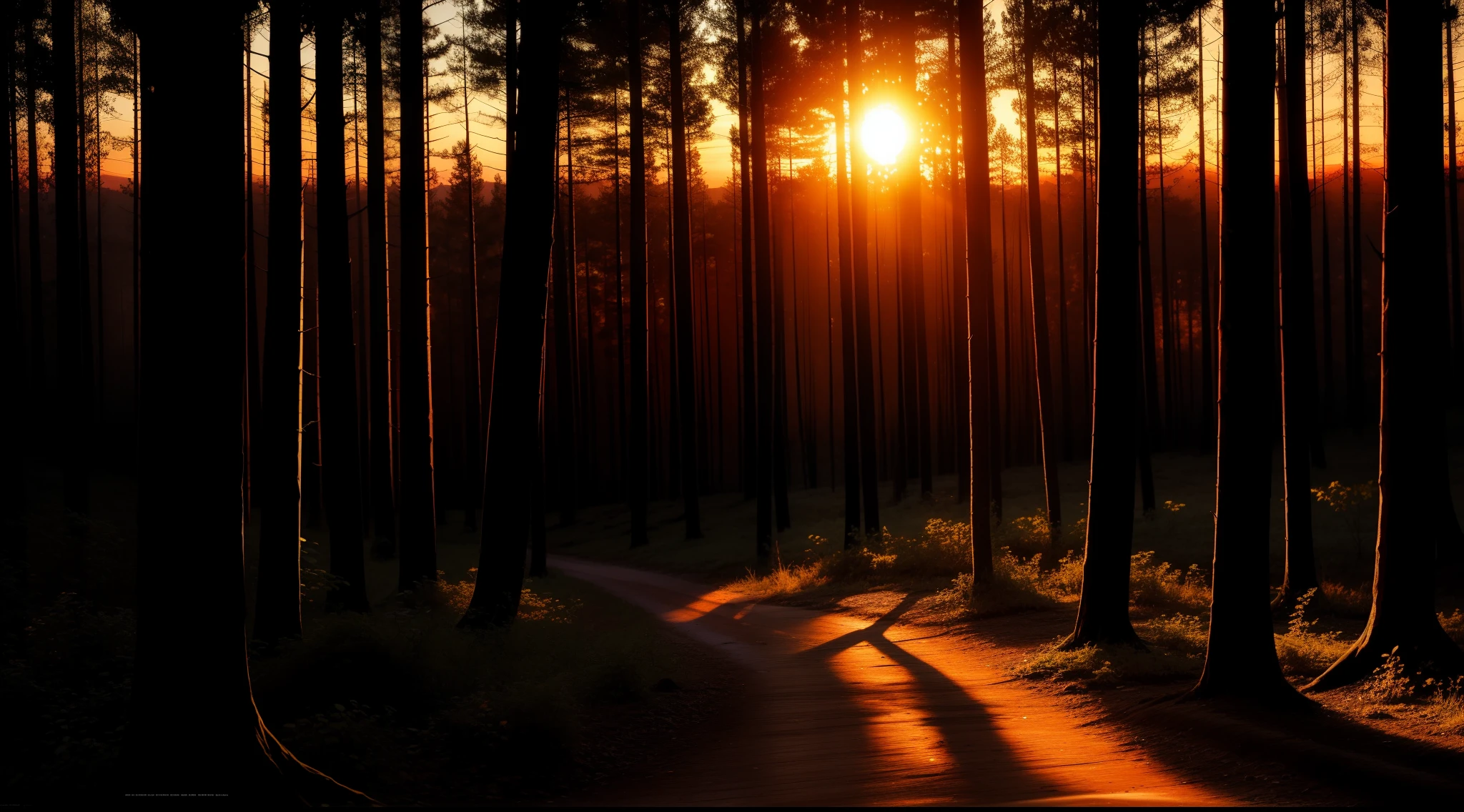 the sunset,ln the forest,the setting sun,The colors are dim