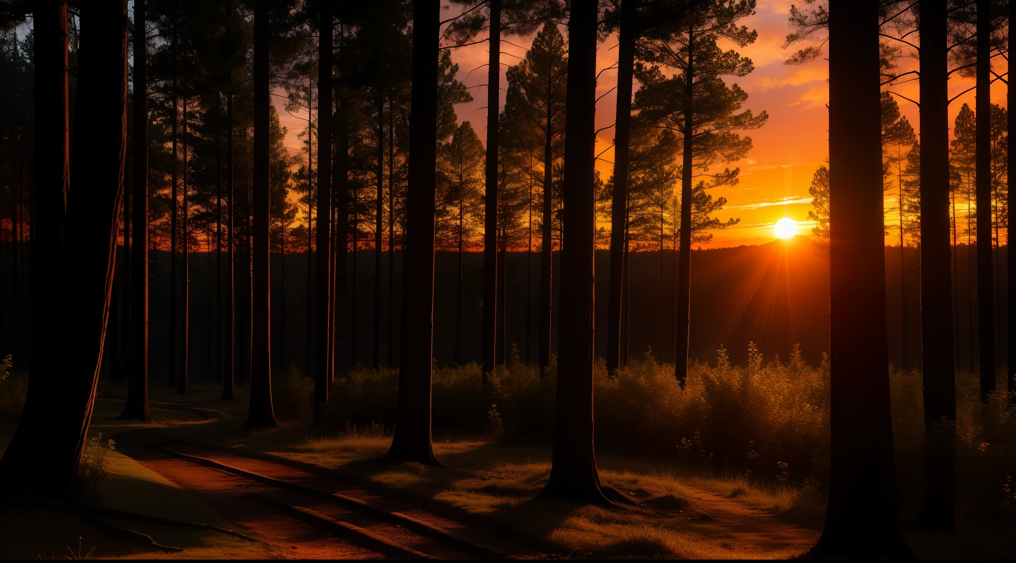 the sunset，ln the forest，the setting sun，The colors are dim