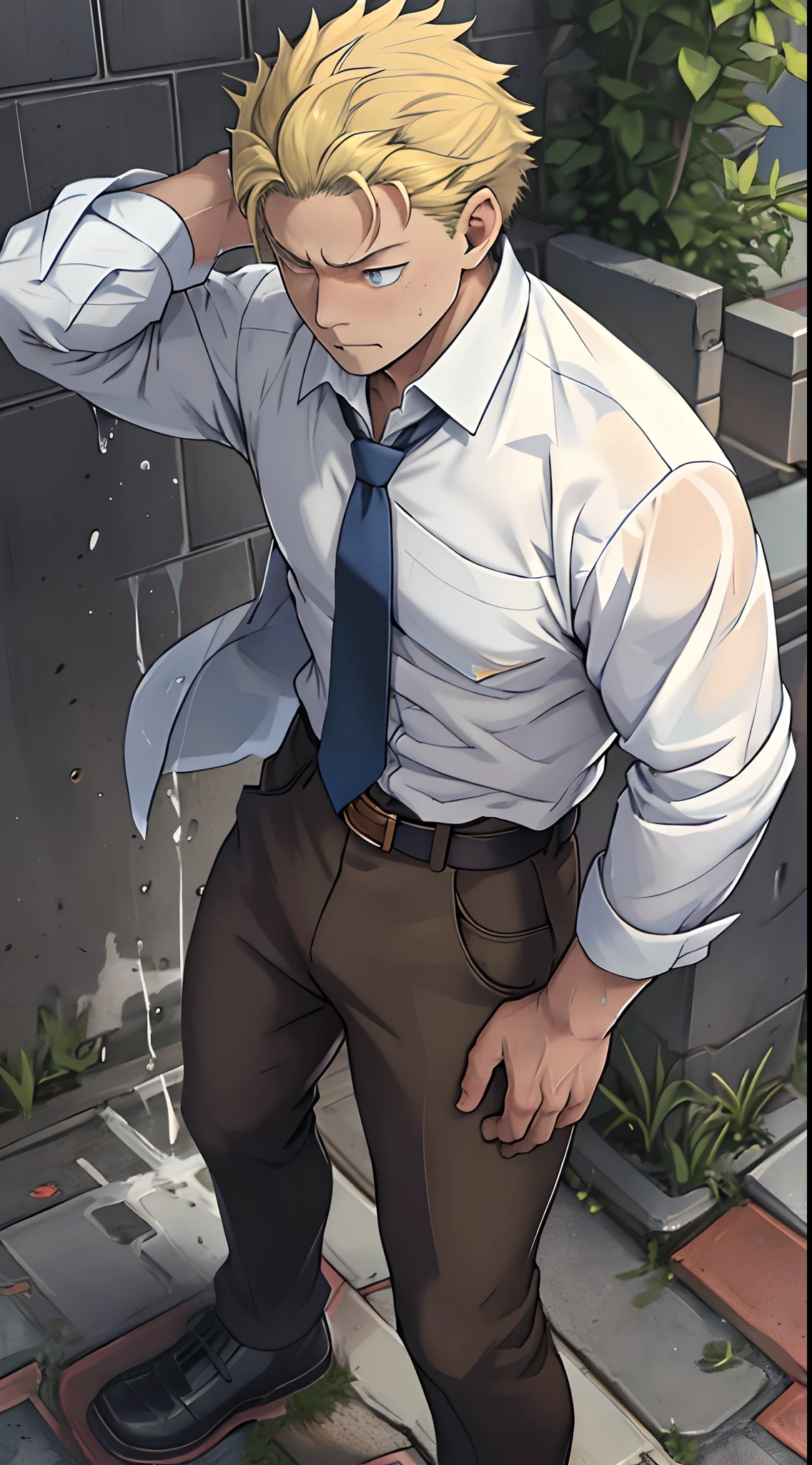 （1 Adult male），A high resolution， Sharp focus， Pixiv masterpiece， （（Complicated details））， highly  detailed， natsuki_subaru， 1 man，perfect male figure，Urine on the trouser leg， Nervously bow your head，is shy，embarressed，exhilarated，is shocked，panicking，worry，A pool of urine formed around him，Very eager to pee，Unbearable，Wet yourself，Urine discharge，full bodyesbian，are standing，Tired，decadent， blue color eyes（eyes glowing）， Short yellow hair，white  shirt，Wear a tie，Wear a belt，trousers，perspire，Drenched，Get wet，pissing，urine flows down the pants，look from down