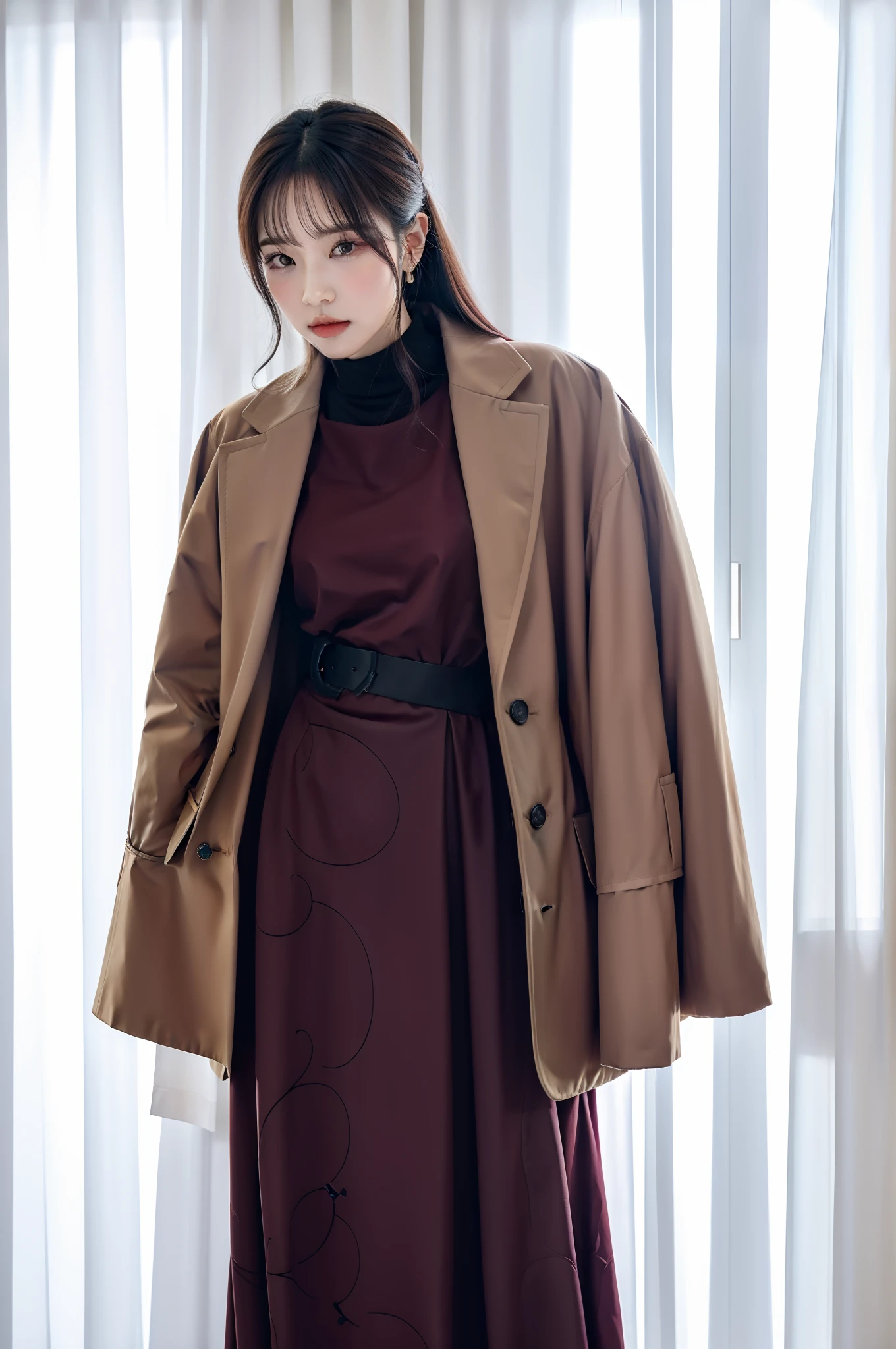 "Alafed woman in dress and jacket standing in front of white curtain. She is wearing coat pleats, Roots and hay coat, and the material is plum. The style is inspired by masami kurumada, and it's a masterpiece of top quality and high definition. Her appearance includes Mannish make-up, cool gathered hair with a center part of 1.2. Characters like jimin, nowi, Lisa, and choi are involved. The settings include numbers 2 0, 9 4, F / 2 0, 1 8, and an aspect ratio of —ar 16:9. The image is a basic photo."