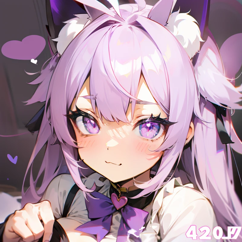 kemonomimi_mode,Light purple hair,ahoge,Heart-shaped pupils,cat_hor ears,:3,Breasts,Huge breasts