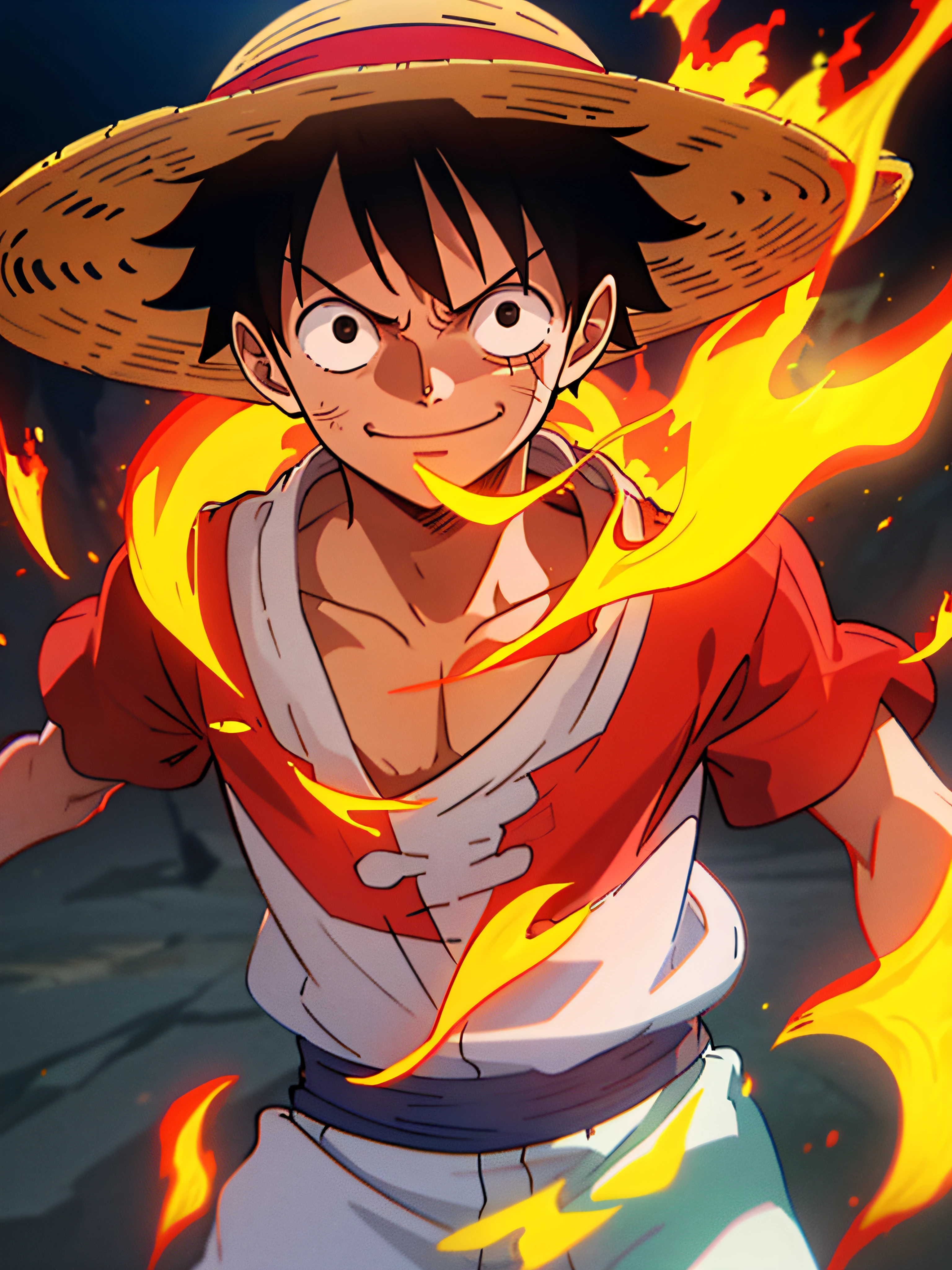 1boy, wanostyle, monkey d luffy, smiling, straw hat, looking at viewer, solo, upper body, ((masterpiece)), (best quality), (extremely detailed), depth of field, sketch, dark intense shadows, sharp focus, soft lighting, hdr, colorful, good composition, fire all around, spectacular, closed shirt, anime screencap, scar under eye, ready to fight, black eyes