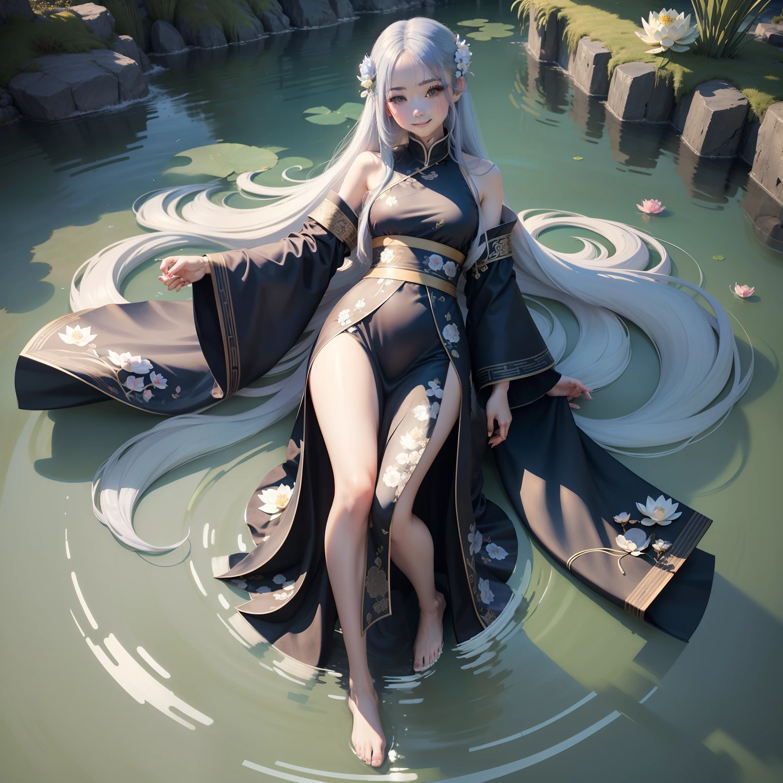 ((4k,masterpiece,best quality)), shuimobysim, traditional chinese ink painting, lotus, hanfu, maxiskit, dress conservatively 1girl, solo, long blue hair, smile, standing, feet in the water, barefoot,