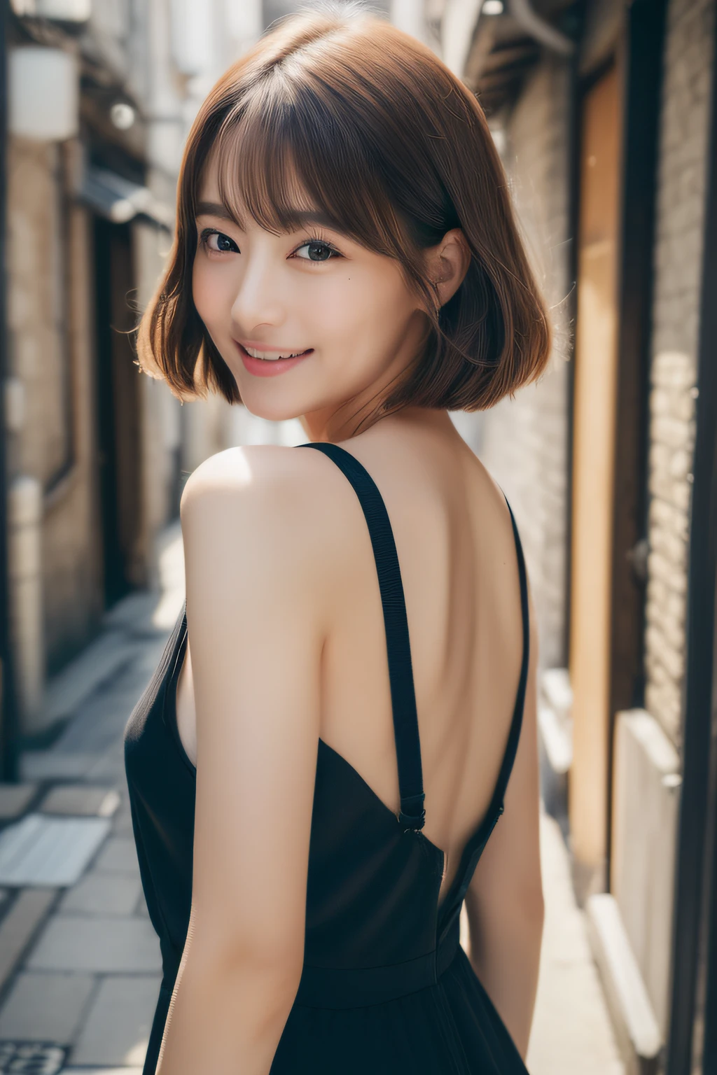 ((top-quality、8K、masterpiece:1.3))、Photoreality(1.4))、Raw photo、single woman、ligh brown hair、short-hair、Super delicate facial Japan、Delicat eyes、二重まぶた、lightsmile、Back alley、Black dress