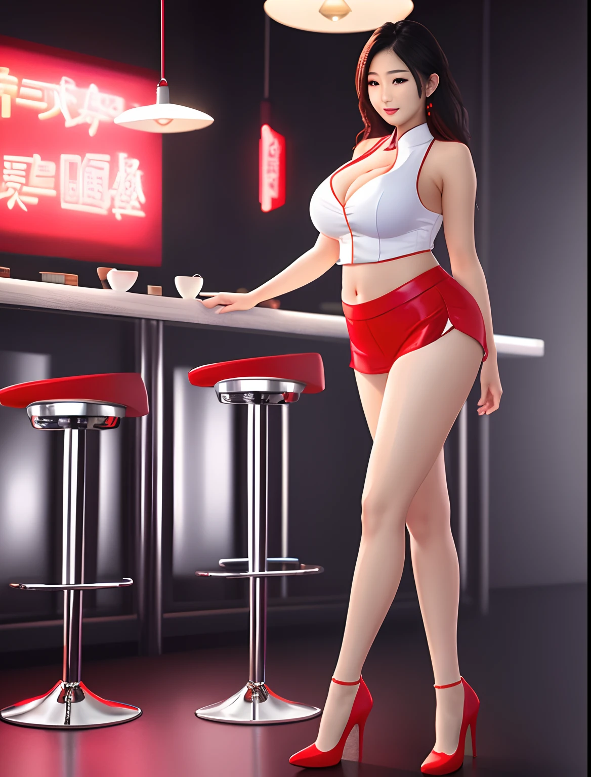 1 woman，Asians，photorealisti，Bar stage，gigantic cleavage breasts，Thin waist，Thighs are plump，Absolute realm，White translucent close-fitting vest，Red high heels，Show your hips，looking at viewert，Pole dancing，Realistic details，8k