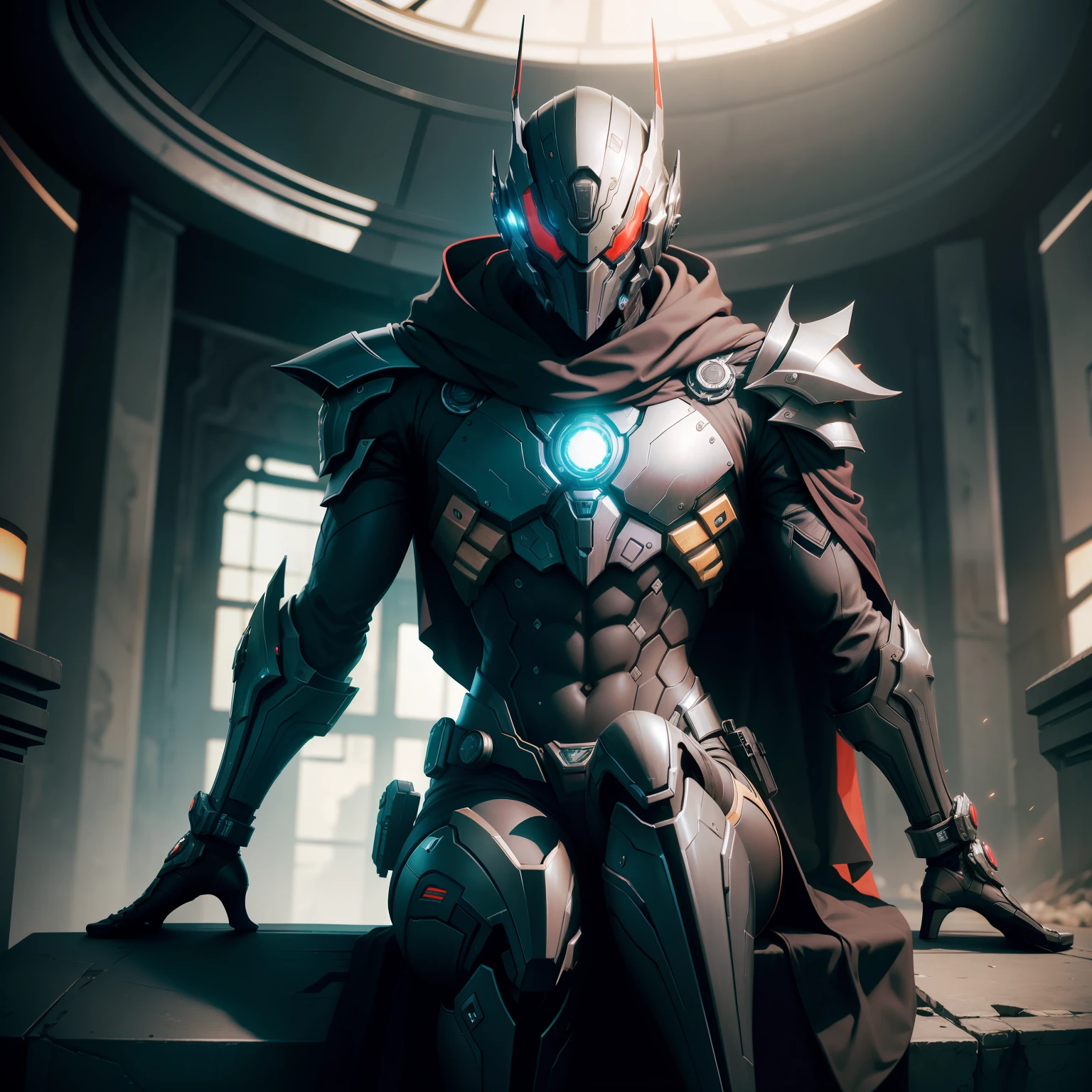 Domineering,Sit Pose,Overlooking,Kamen Rider,Cloak,Mechanical Warframe,Deep environment