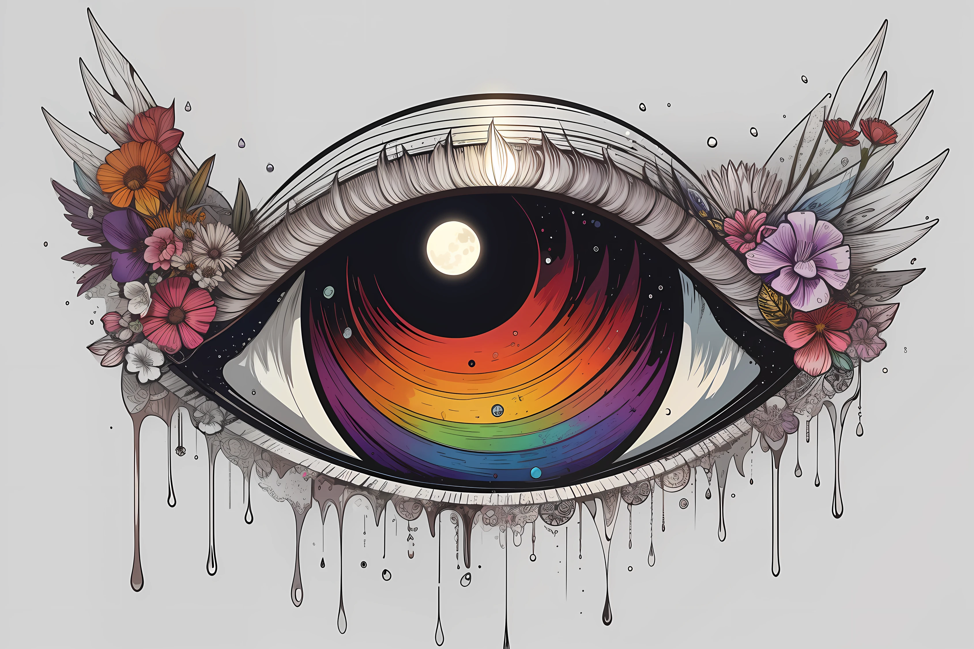 eye moon waterfall floral wings rainbow melting, vector