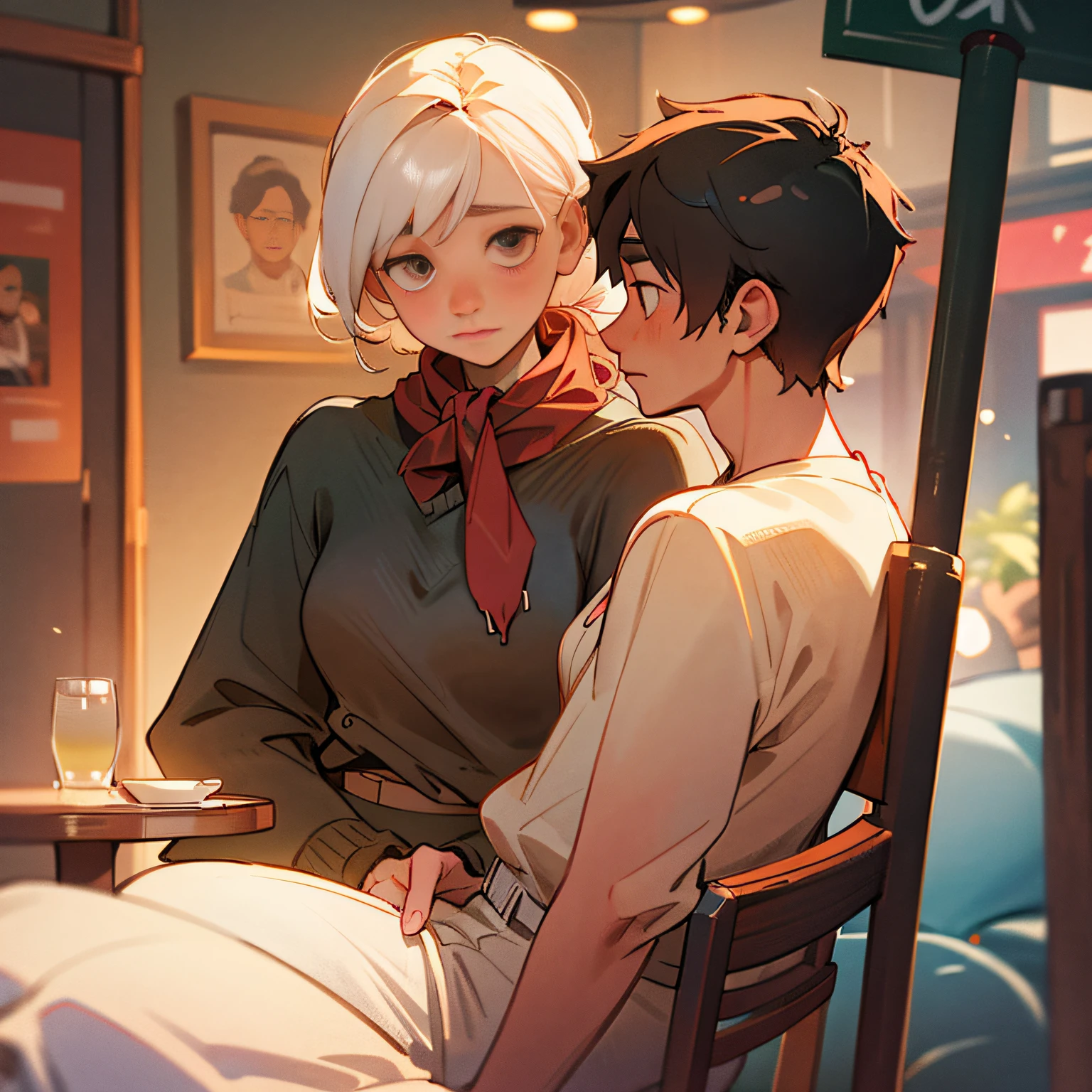 a couple of lovers, Man and woman, cozy cafe background, mid-20s, Intimate grip, dialogue, not cropped, Lover Jukō, exposure blend, Medium shot