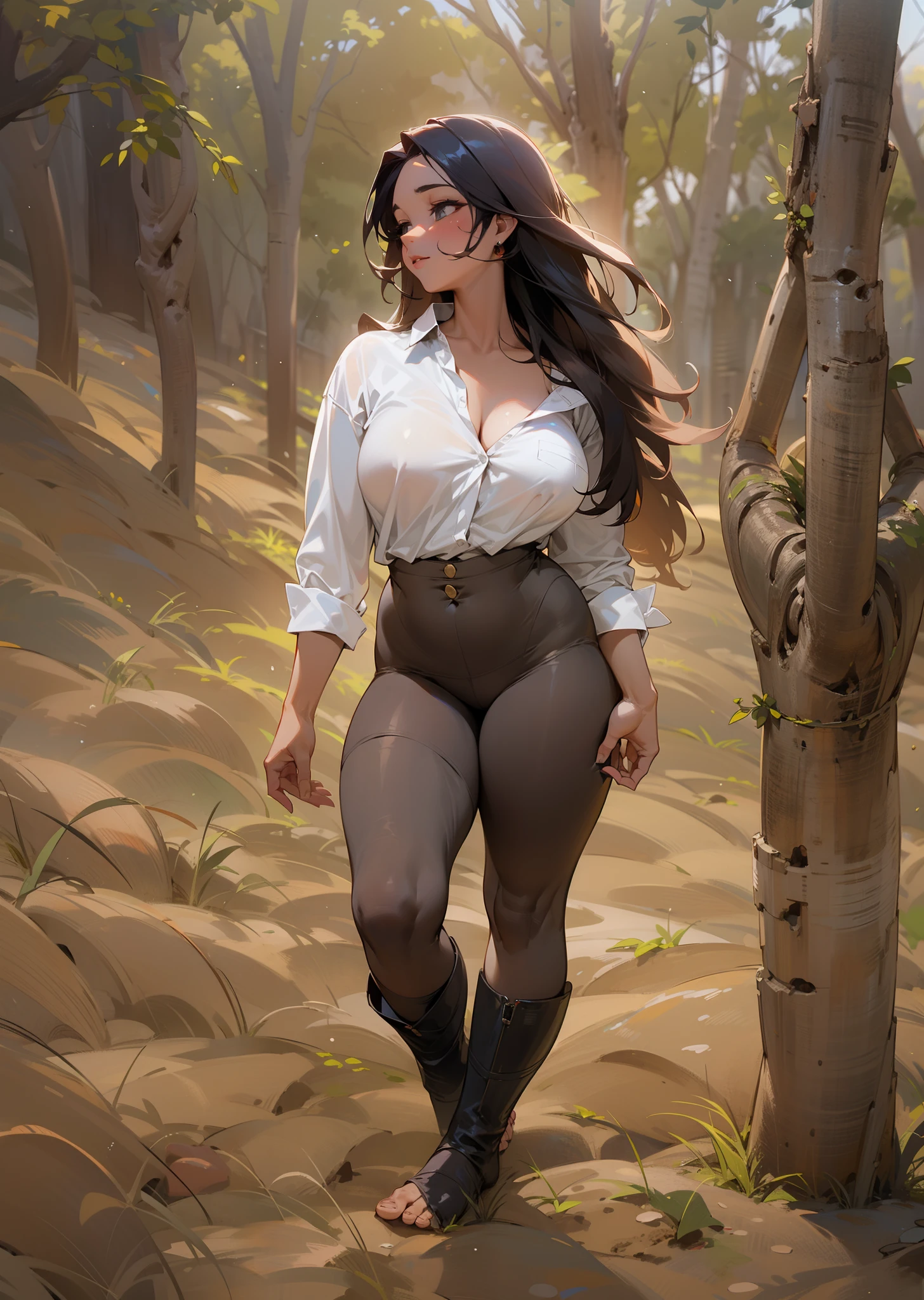 There's a sexy 30-year-old woman (Peta Jensen) em uma fazenda, posando em um monte de feno, em uma pilha de feno, she's at ease, camisa aberta branca, button-down shirt, Desabotoada, Totalmente desabotoado, Your breasts are visible, saltando para fora, pulando para fora da camisa, no-bra, does not wear a bra, not wearing a bra, seios grandes, Mamalhuda, , Mamalhuda (Angela White)), pele morena, Latim, sobrancelha escura e cerrada, olhos verdes, olhar sensual, lascivo, nariz esnobado, arredondado, half-open lips, vermelhos, cabelos castanhos, Curly bobs Cacheado, barriga sexy, piercing na barriga, calcinha branca molhada, transparente, bem marcada, marcando a virilha, squeezing the private parts, pernas abertas, barefoot, dirt floor, stable, Luz Natural, pouca luz, luz lateral, cinematografic, dust particles in the air, dust particles in light, ambiente detalhado, anatomia feminina perfeita, Impeccable, vista de cima, olhar de cima, View from above, close de cima, 4k