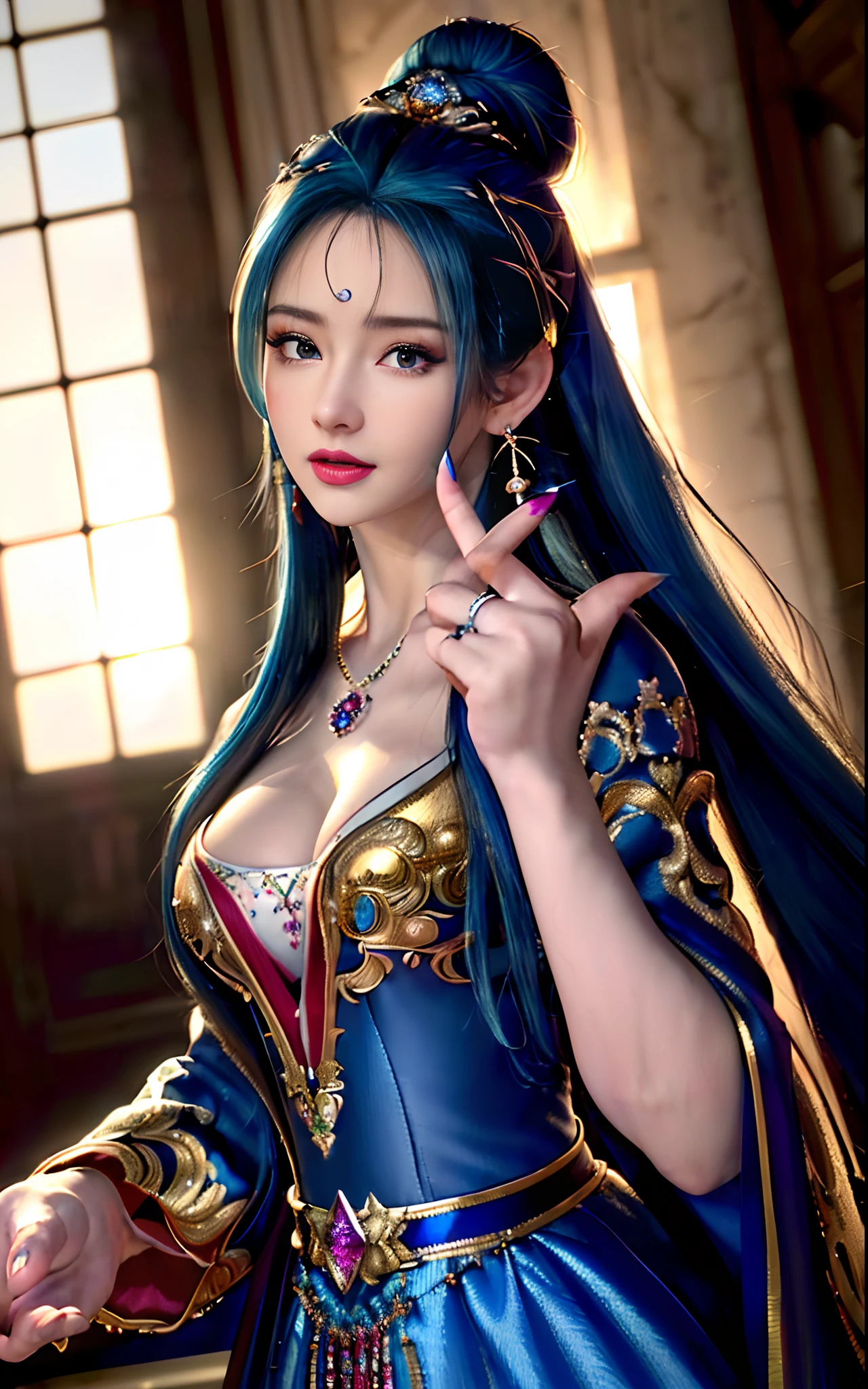 ((realisticity: 1.2)), ((realistic: 8K UHD)), ((best resolution: 8K UHD)), hyper detailed, best quality,masterpiece,highres,cg, ((1 girl hyper detailed and hyper realistic) ) , ((beautiful queen, hyper realistic and hyper detailed)),((white skin, beautiful, smooth, youthful, hyper realistic and hyper detailed )), ((Face hyper beautiful, white, hyper realistic and hyper detailed ) ), long hair, ((hyper realistic and hyper detailed dress)), solo, ((hyper realistic, hyper beautiful, beautiful and hyper detailed jewelry)), ((hyper beautiful deep red and golden yellow dress, hyper realistic and hyper detailed )) , ((Her pretty, hyper realistic, hyper detailed diamond filled earrings)), ((Her gorgeous diamond haircut, hyper realistic and hyper detailed)), ((hyper pretty upper body, hyper beautiful, hyper realistic and hyper detailed) ), ((medium breast: 1.1)), ((hyper realistic, hyper pretty, hyper detailed boobs)), ((the backgroun of the royal palace is hyper majestic, hyper realistic and hyper detailed)),((hands and palms hyper beautiful, hyper detailed, hyper realistic)), ((hyper detailed and hyper realistic fingers and fingernails)), ((hyper pretty fingernails, hyper vivid, hyper detailed, hyper realistic)), ((thumb, index finger, middle finger, ring finger, little finger hyper vivid, hyper pretty, hyper detailed, hyper realistic)),
((hyper beautiful fingers, hyper detailed, and hyper realistic)), ((posture not too fat and not too thin, hyper realistic, hyper detail)), ((hyper pretty, hyper pretty, hyper realistic and hyper detailed hair bun)), ((hyper pretty , hyper realistic and hyper detailed blue hair)), candid, Photo, high resolution, 8k , bokeh,