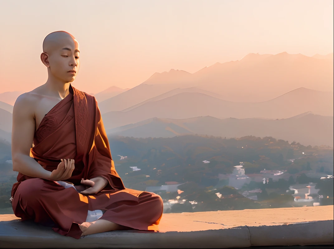 Arafed monk sitting on a ledge overlooking the mountains, monge meditar, Monge budista meditando, Monge budista, hindu stages of meditation, orar meditando, meditating pose, Meditando, Zen Meditation, 2 1 st century monk, meditation pose, budismo, meditation, roupas de monge, flutuando em um poderoso estado zen, Meditating in lotus position