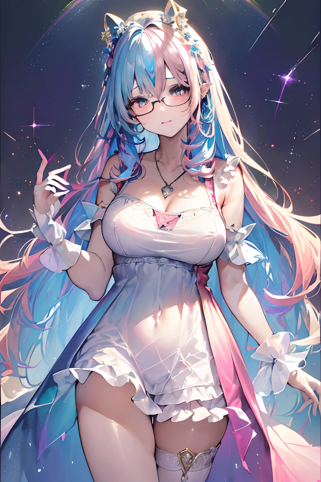 ((masterpiece、top-quality、Watercolor art(Pendants)、Official art、Beautifully Aesthetic:1.2))、(1girl in:1.3)、(Fractal Art:1.3)、full body Esbian、((Glitter pupils))、patterns、((rainbow-colored hair、colourful hair、Half blue and half pink hair:1.2))、colourfull、(Silver-rimmed glasses)、Writing、heterochromia iridis、(colourfull:1.5)、(((maid clothes)))、((Shy face))、((maikurobikini))、(Standing)、(Hyper-detailing), ((delicate detail)), (intricate detailes), ((ciinematic light, best quality backlight)), highcontrast, ((The best lighting, extremely delicate and beautiful)), ((ciinematic light))、(ray trace reflection、brilliance)、((glowing aura))、((Radiant hair))、((The ultra-detailliert))、((8K))、((Western-style house))