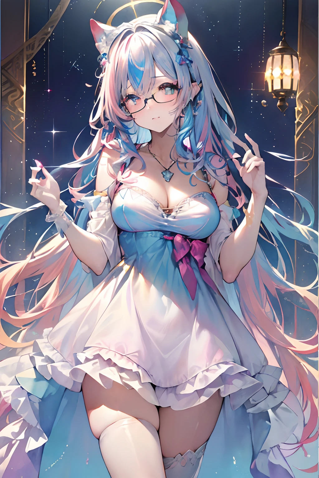 ((masterpiece、top-quality、Watercolor art(Pendants)、Official art、Beautifully Aesthetic:1.2))、(1girl in:1.3)、(Fractal Art:1.3)、full body Esbian、((Glitter pupils))、patterns、((rainbow-colored hair、colourful hair、Half blue and half pink hair:1.2))、colourfull、(Silver-rimmed glasses)、Writing、heterochromia iridis、(colourfull:1.5)、(((maid clothes)))、((Shy face))、((maikurobikini))、(Standing)、(Hyper-detailing), ((delicate detail)), (intricate detailes), ((ciinematic light, best quality backlight)), highcontrast, ((The best lighting, extremely delicate and beautiful)), ((ciinematic light))、(ray trace reflection、brilliance)、((glowing aura))、((Radiant hair))、((The ultra-detailliert))、((8K))、((Western-style house))