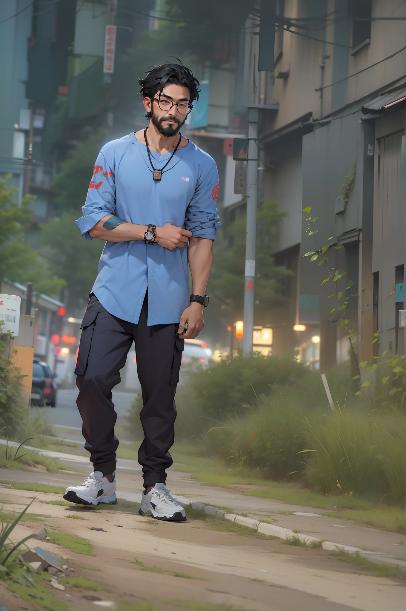 1man, full body, short hair, muscular, beard, Streetwear,cargo pants, necklace,taiwan, street, (masterpiece, best quality, highres, ultra detailed ), night , depth of field, glasses,