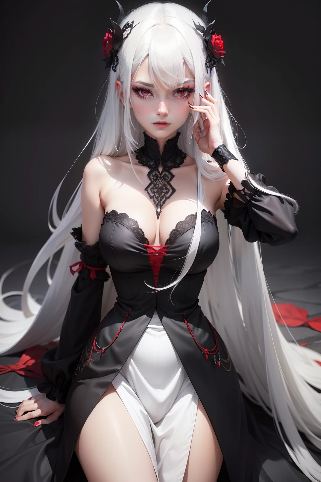 White hair, red eyes, black silk